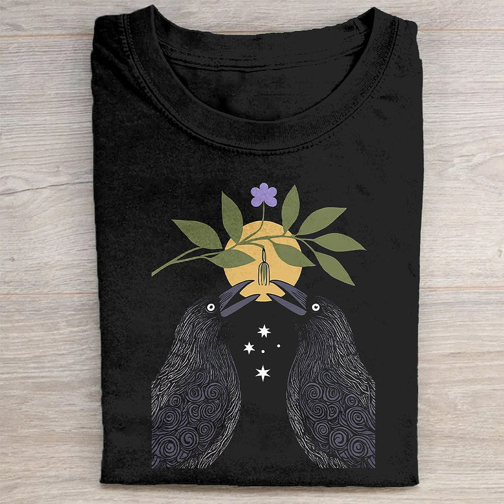 Black T-Shirt With Floral Graphic Design Elegant Flower Tee