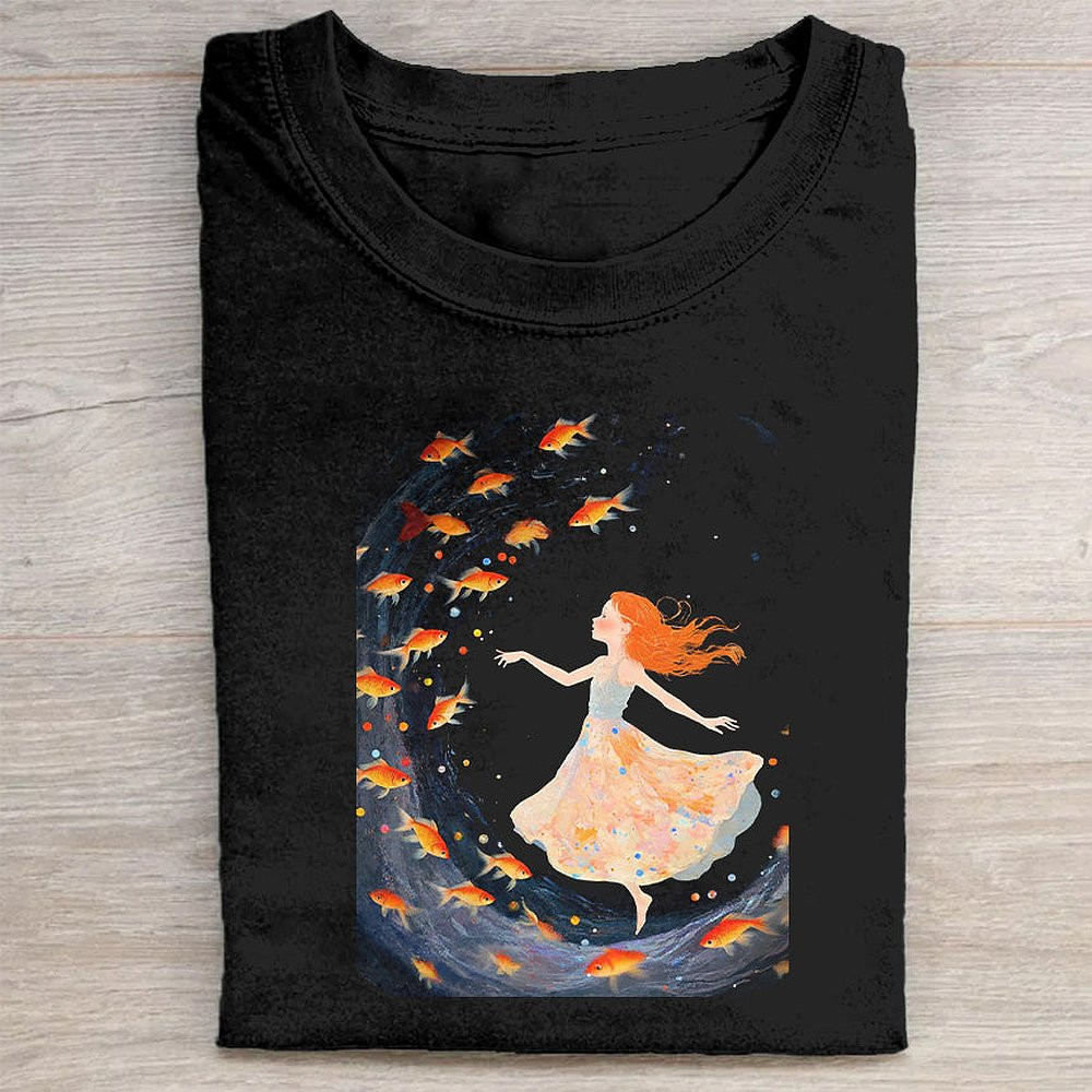 Black T-Shirt With Girl And Leaves Graphic Design Unique Art Print Tee