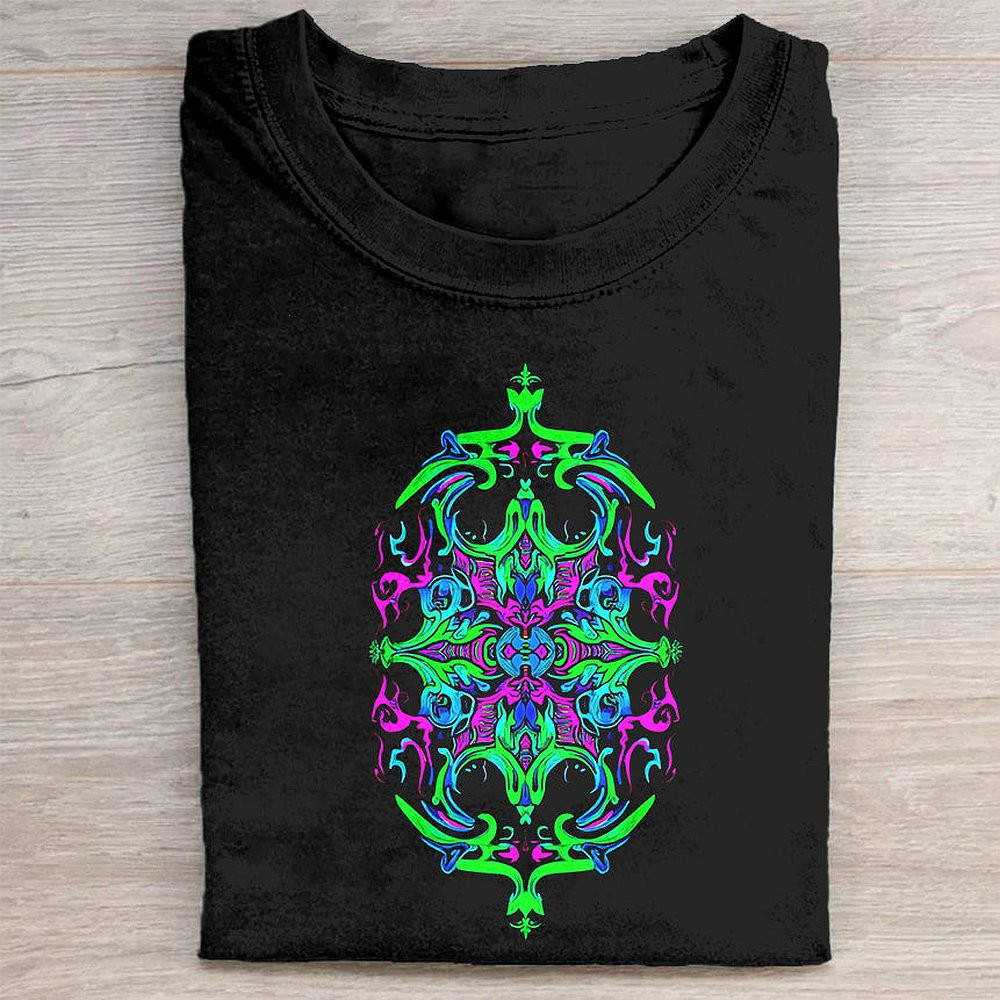 Black T-Shirt With Neon Green And Purple Ornate Graphic Design Trendy Streetwear Tee