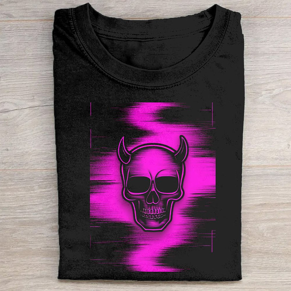 Black T-Shirt With Neon Pink Skull Graphic Design Gothic Skull Lover Tee