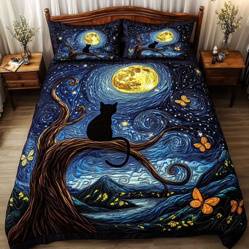Black Velvet Moon Quilted Bedding Set Best Bed Sheet Set Gifts For Black Cat Lovers