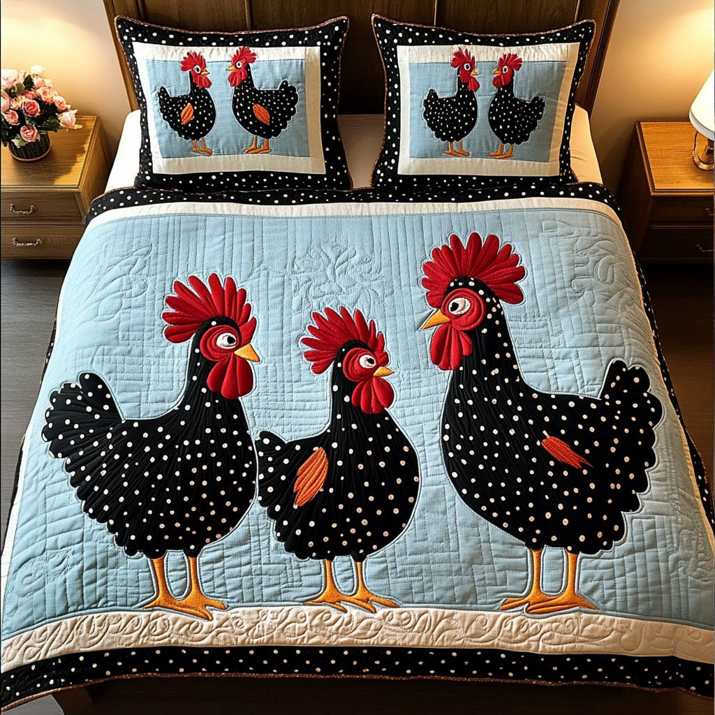 Black White Hens Quilted Bedding Set Special Home Gift Idea for Comfortable Living