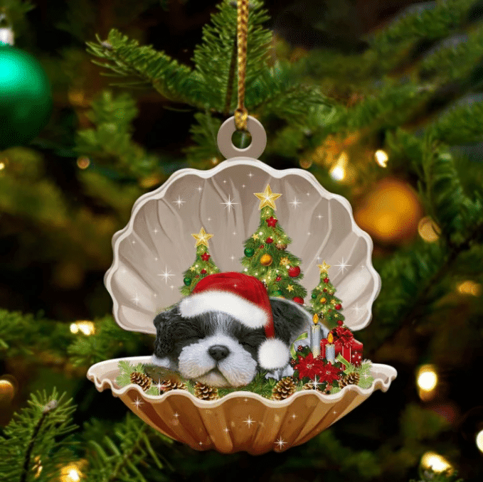 Black White Shih Tzu3 Sleeping in Pearl Dog Christmas Ornament Flat Acrylic
