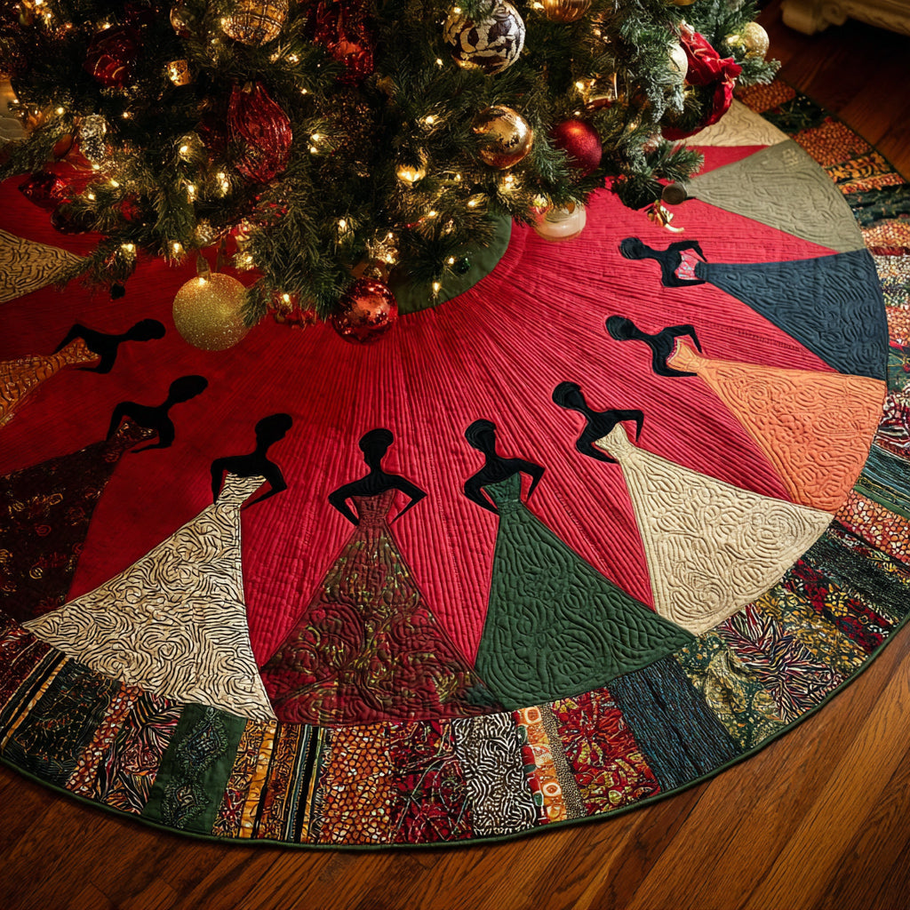 Black Woman Scarlet Elegance Quilted Christmas Tree Skirt Holiday Decor Gifts For Africans