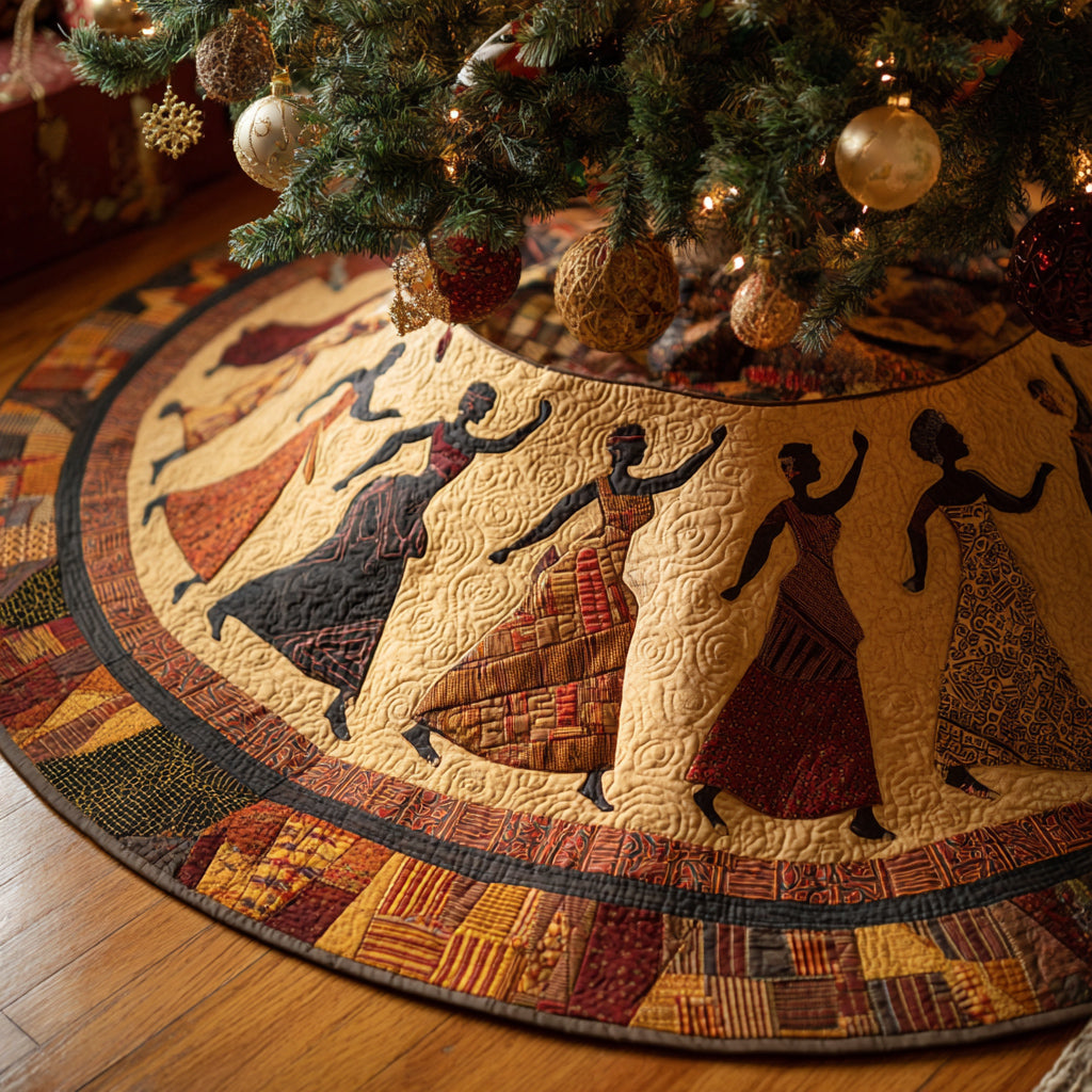Black Woman Sunset Rhythm Quilted Christmas Tree Skirt Holiday Home Decor Africa Gift Ideas
