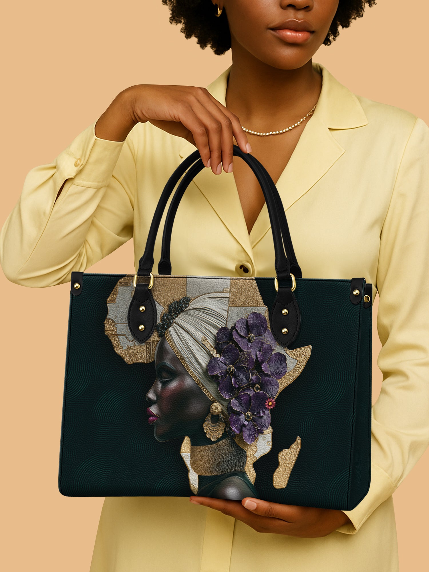 Black Women And African Map Leather Handbag Purple Floral Queen Themed Gifts For Lovers