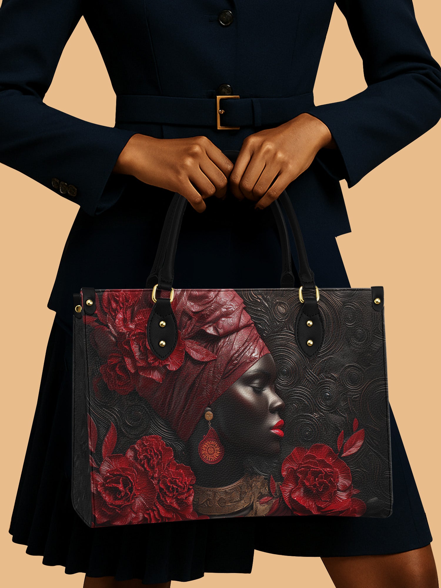 Black Women And Dramatic Red Rose Leather Handbag African Themed Mother's Day Gifts