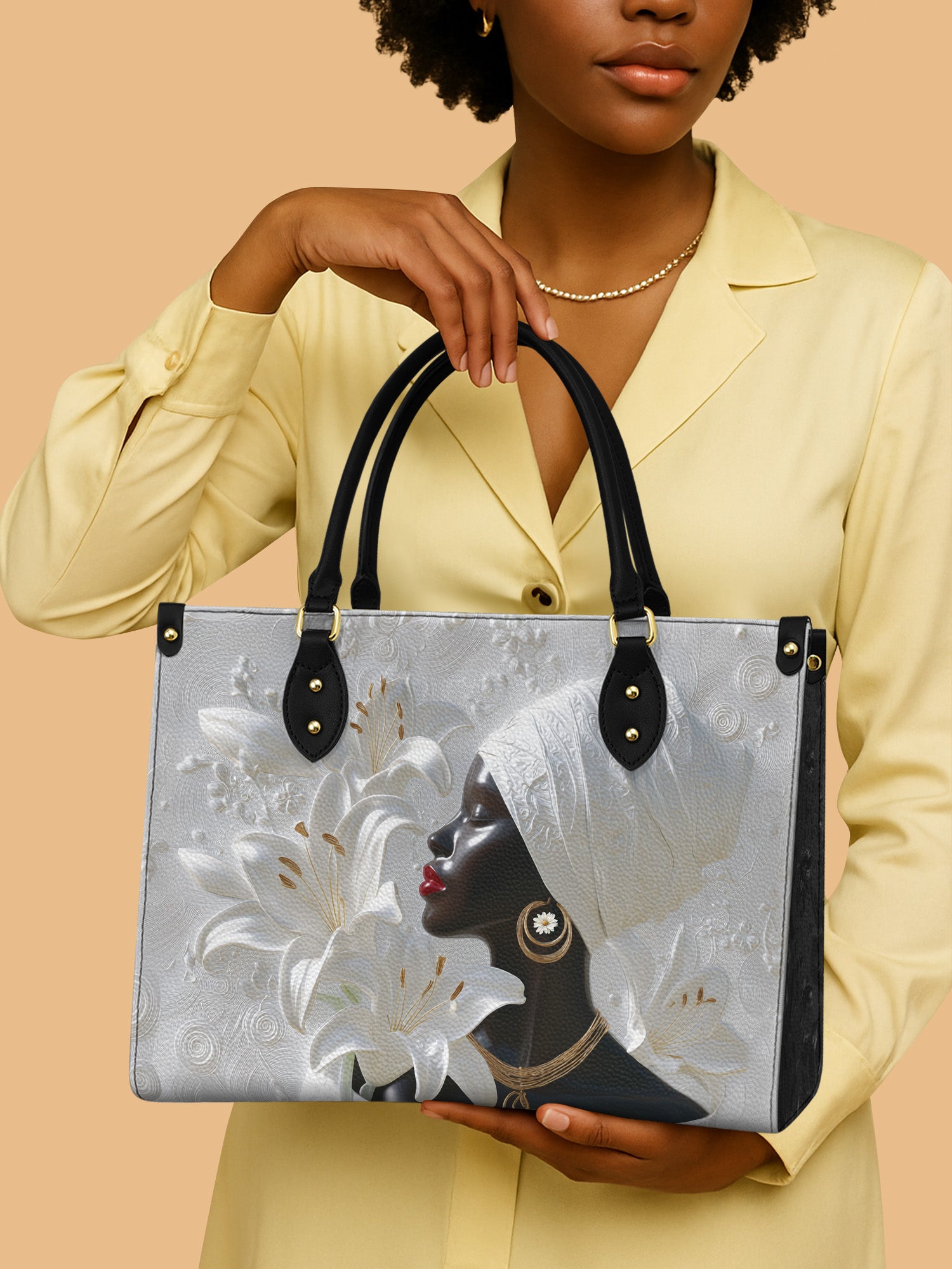 Black Women And Elegant White Lily Leather Handbag African Themed Gift Ideas For Her