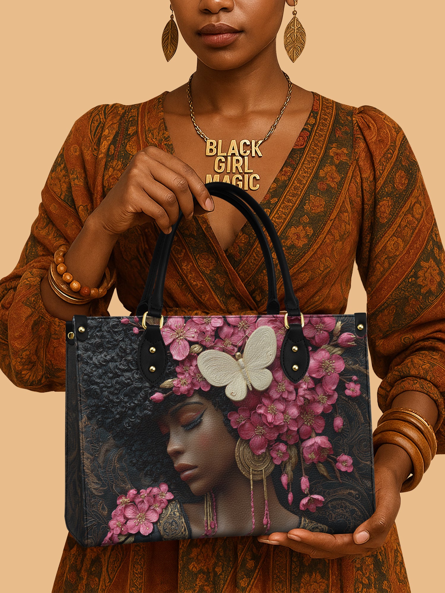 Black Women And Floral Cherry Blossom Leather Handbag Melanin Black Women Gifts