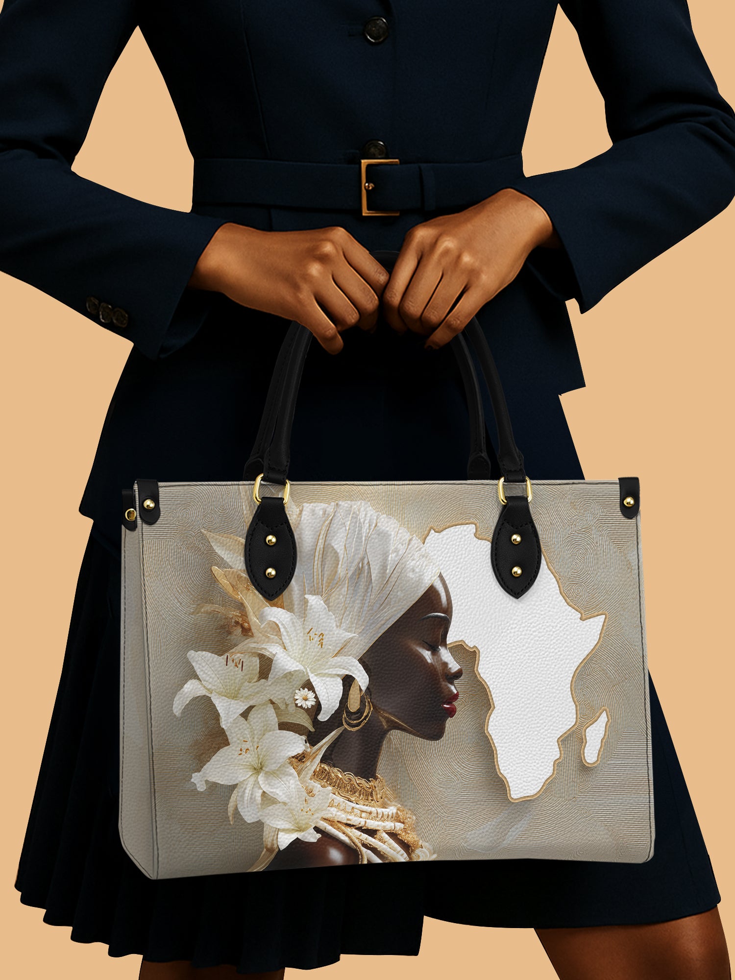 Black Women And Map Leather Handbag Elegant White Lily African Themed Gift Ideas For Her