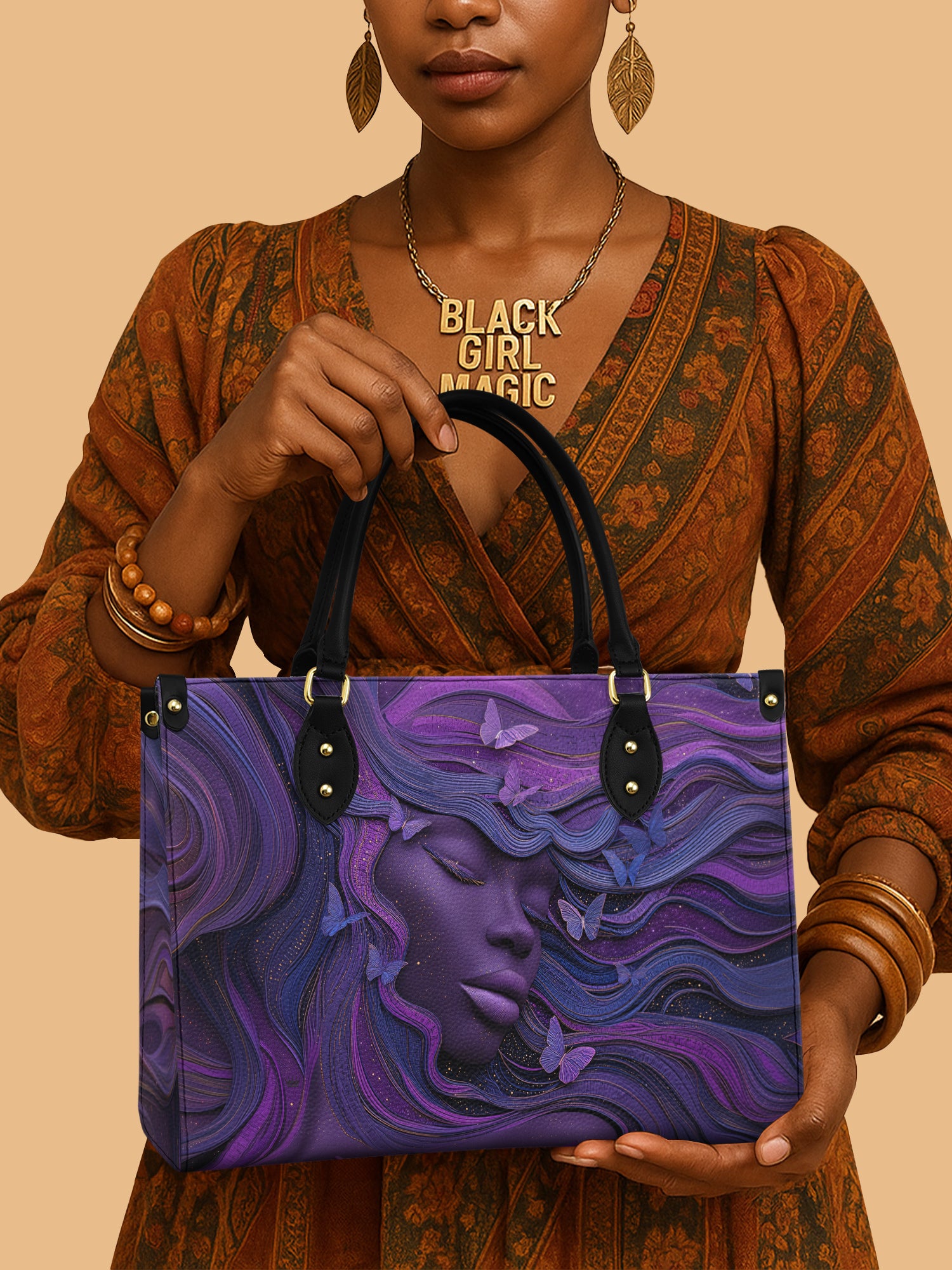 Black Women And Purple Butterfly Leather Handbag Dreamy African Themed Cultural Gift Ideas