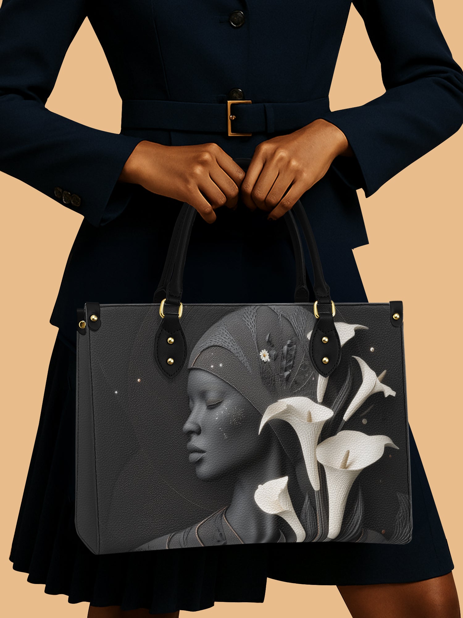 Black Women And White Lilies Floral Leather Handbag Color Kings Themed Cultural Gift Ideas