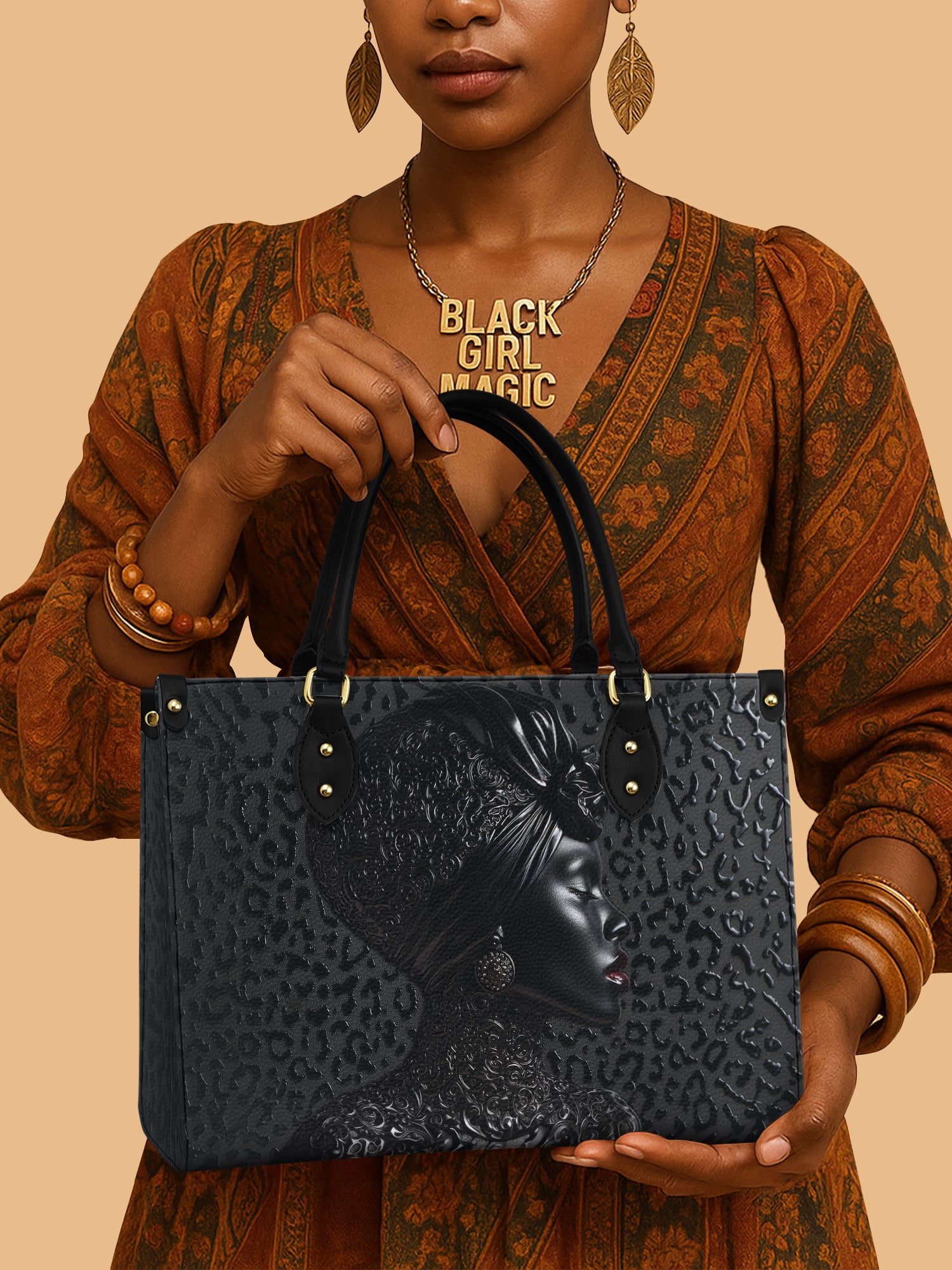 Black Women Leather Handbag African Leopard Themed Cultural Purse Gift For Mom