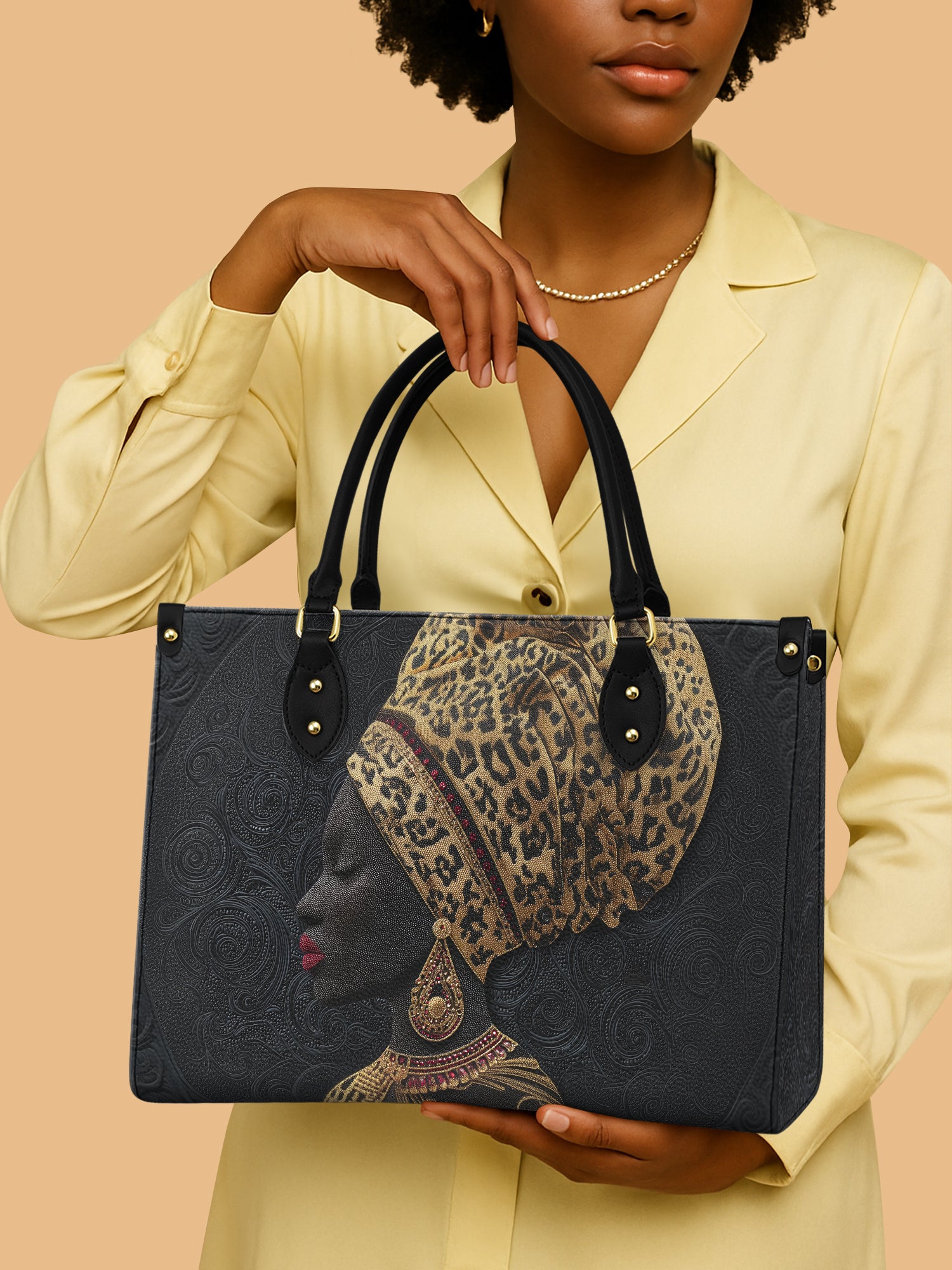 Black Women With African Leopard Headscarf Leather Handbag Cultural Purse Gift For Women