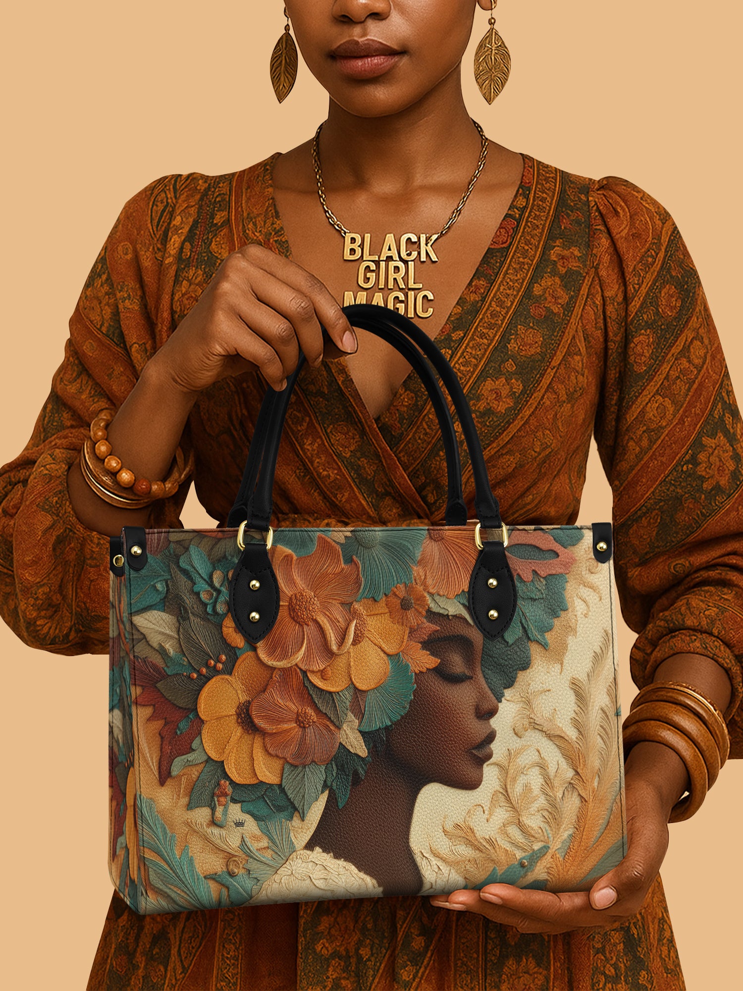 Black Women With Flowers Leather Handbag  Melanin Black Women Gifts For Lovers
