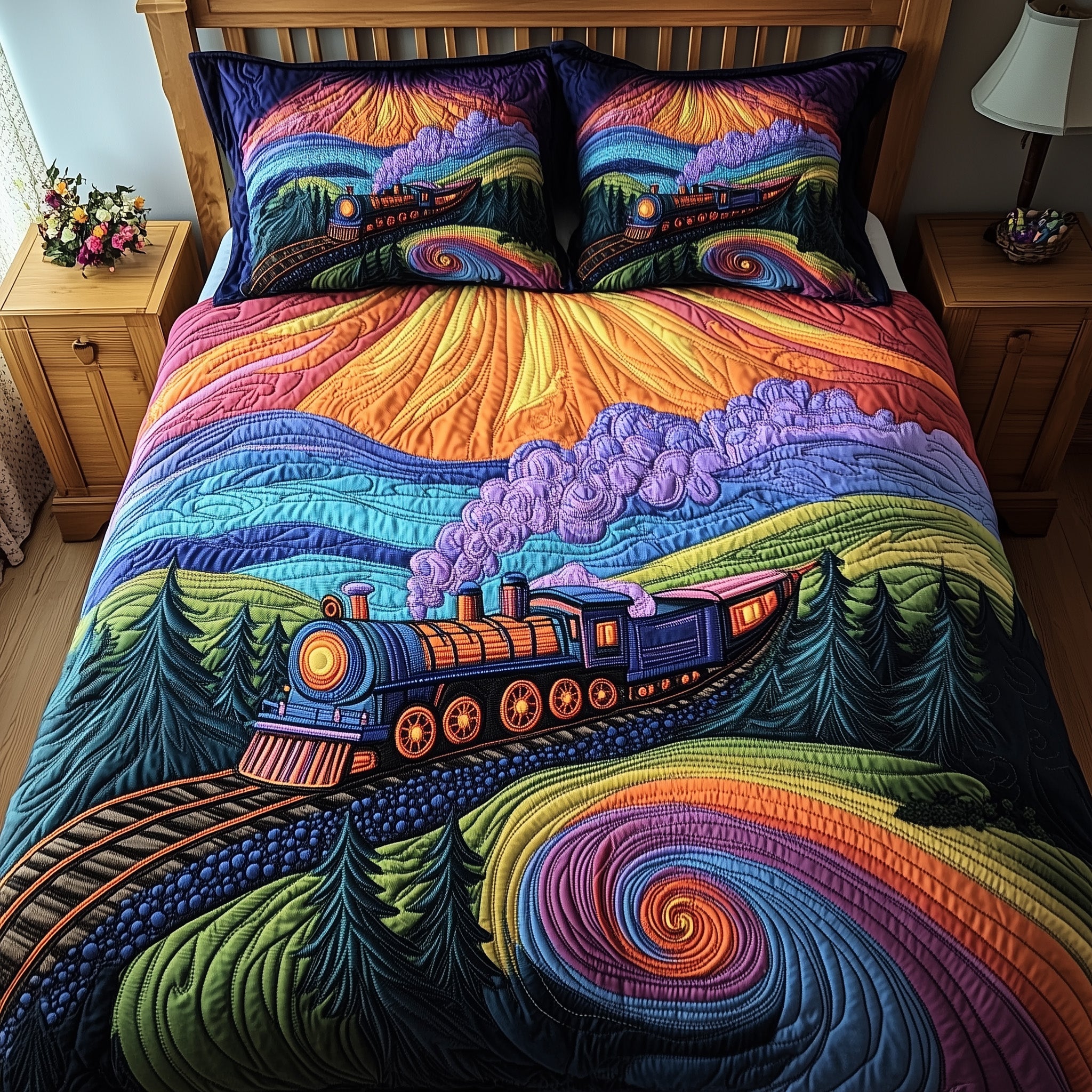 Blaze Through Twilight Quilted Bedding Set Duvet Cover Merchandise Unique Gifts For Train Lovers