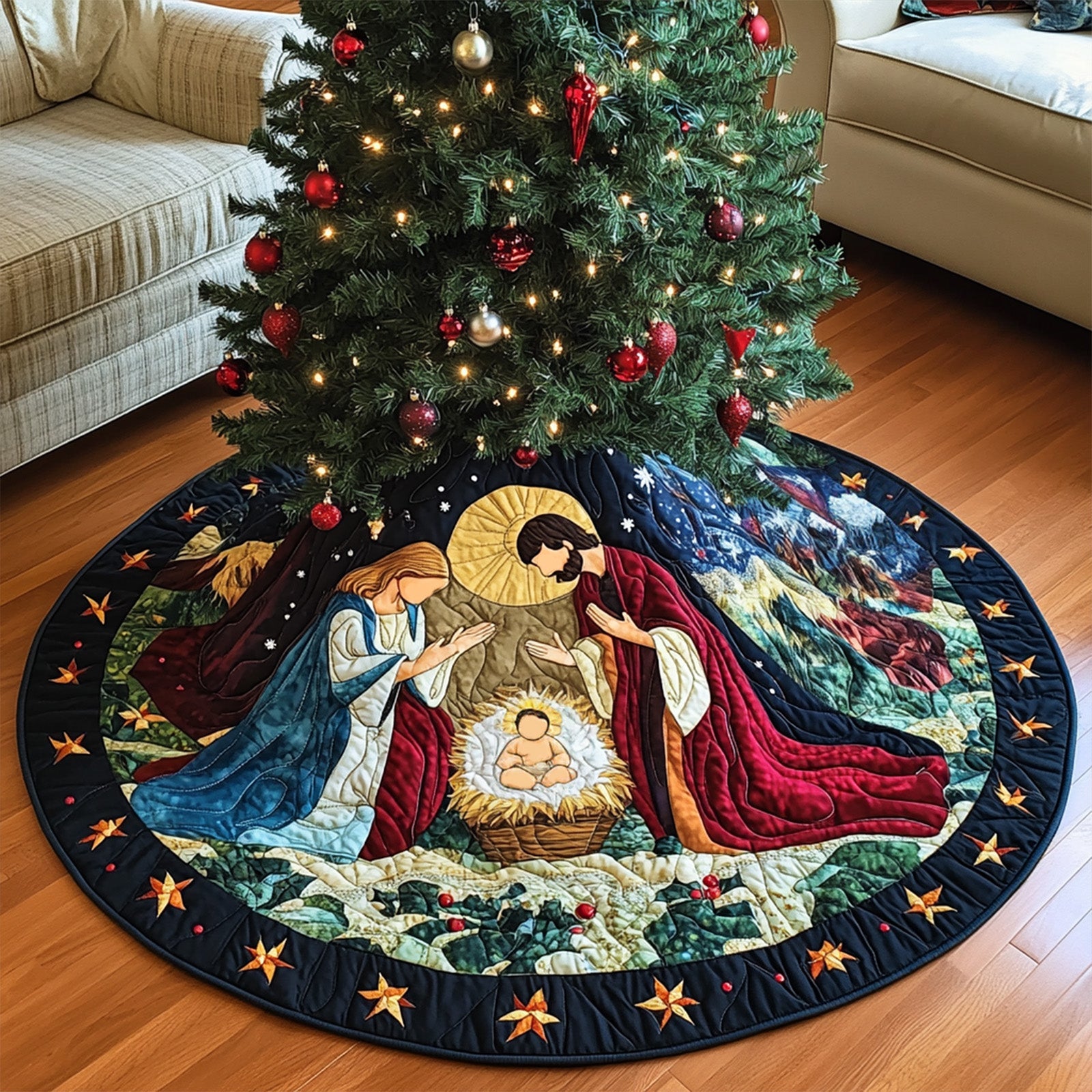 Blessed Arrival Quilted Christmas Tree Skirt Holiday Tree Base Decoration Family Holiday Gathering Decor