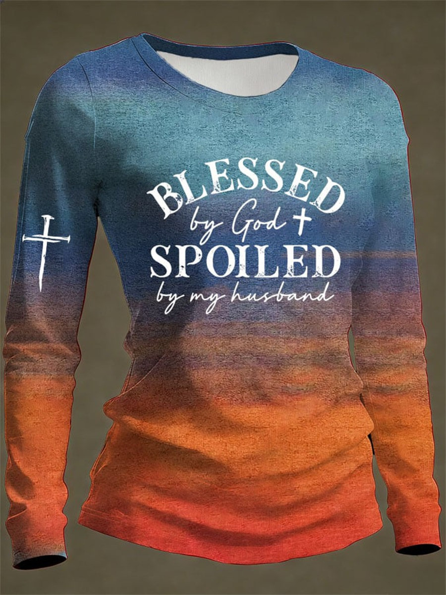 Blessed By God Spoiled By My Husband Long Sleeve Shirt Christian Faith Gift For Wife