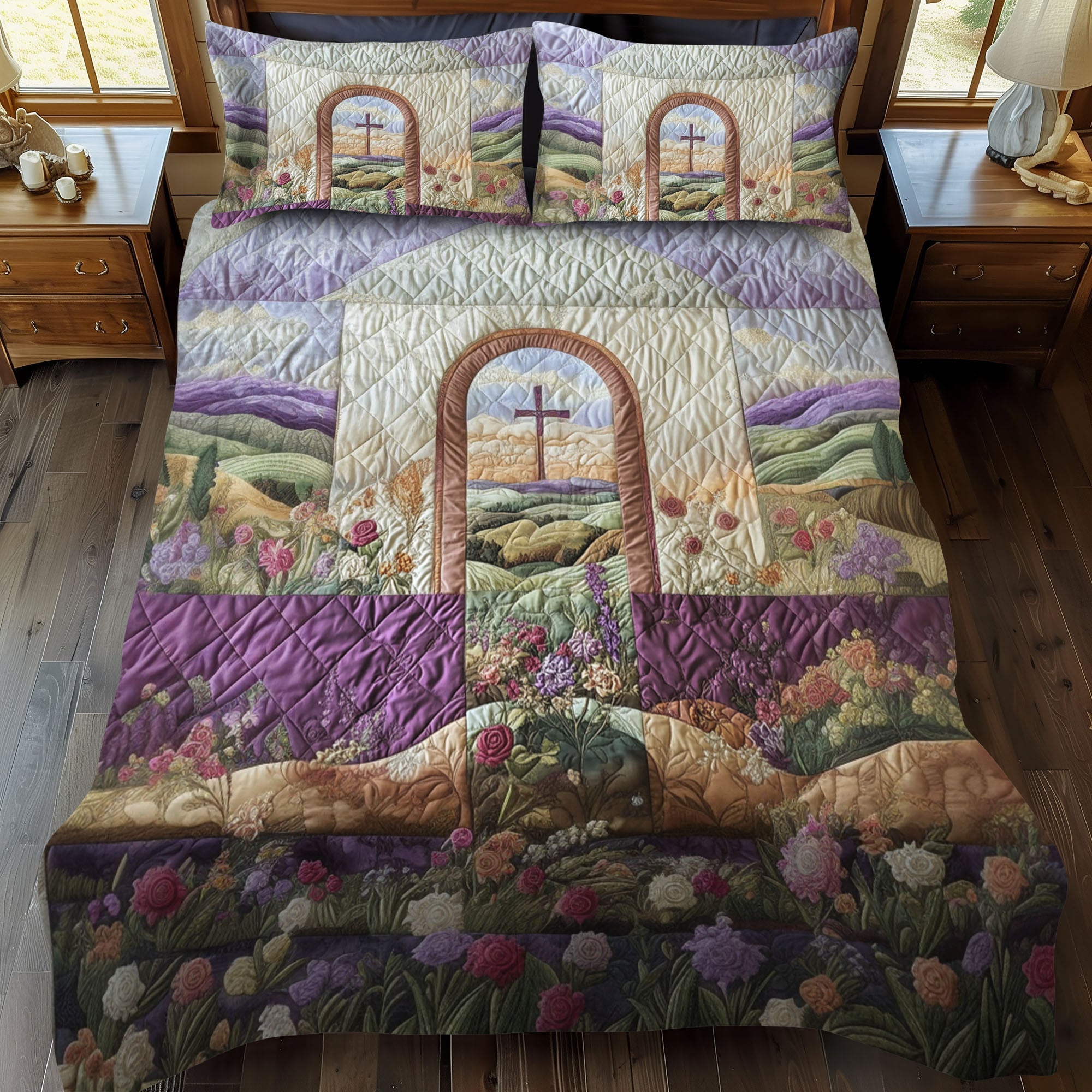 Blessed Cross Quilted Bedding Set Cute Room Decor Gifts For Church Volunteers