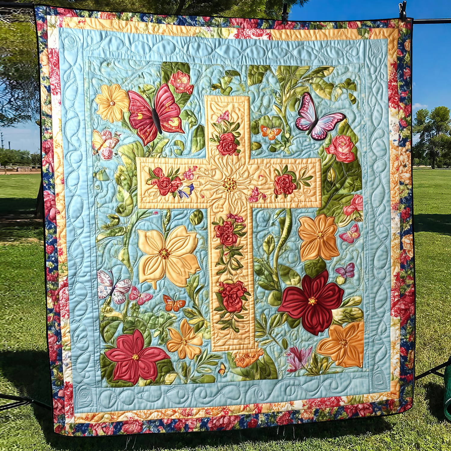 Blessed Cross Quilted Blanket Gift For Christian