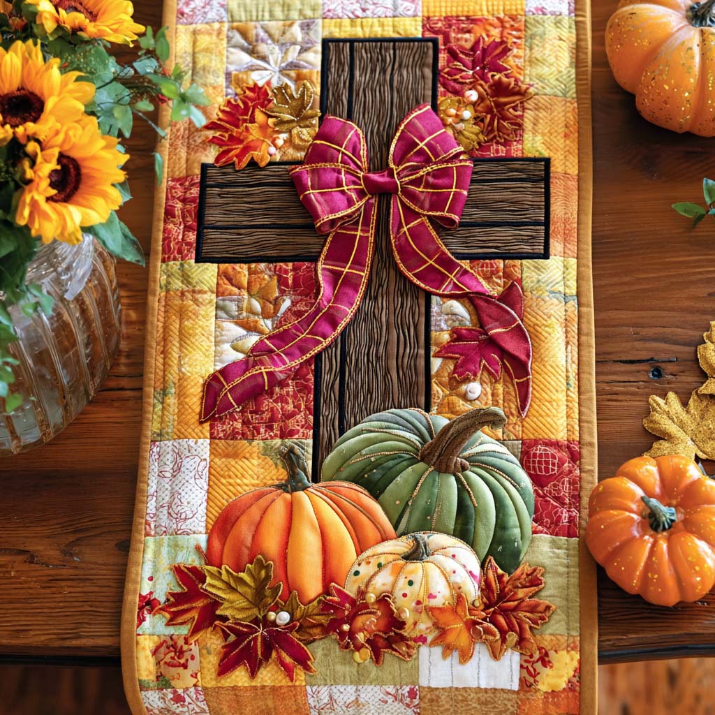 Blessed Fall Cross Quilted Table Runner Fall Table Runner Decor Religious Gifts For Mom