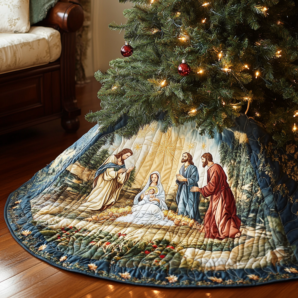 Blessed Joy Quilted Christmas Tree Skirt Family Holiday Gathering Decor