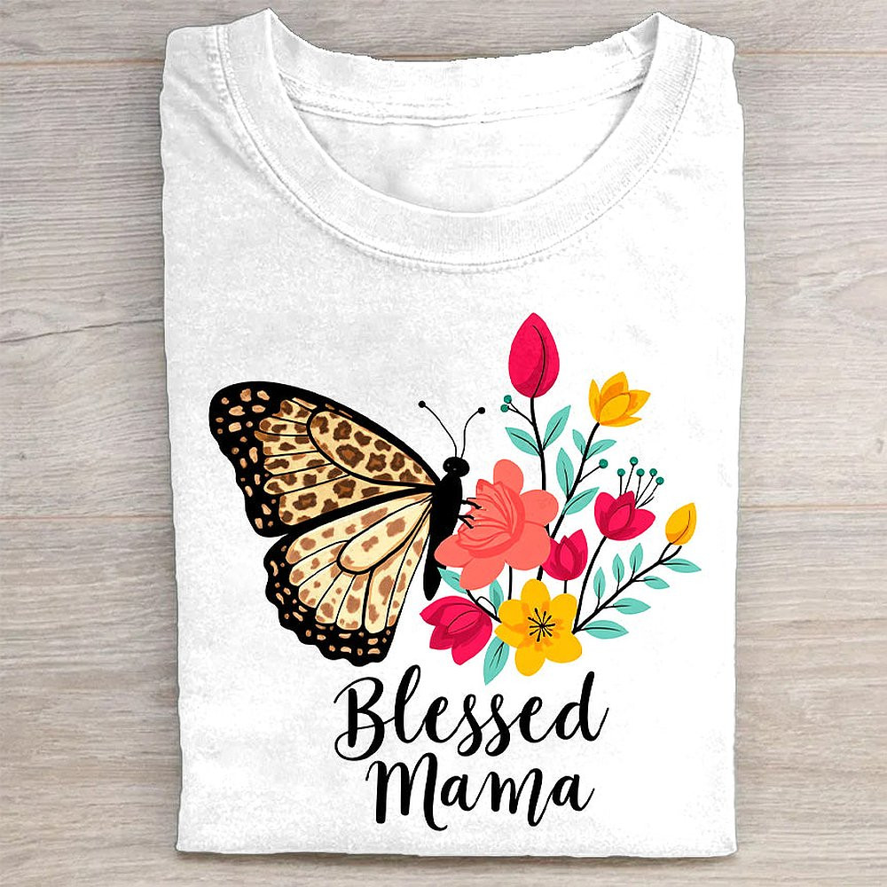 Blessed Mama Butterfly And Flowers Graphic T-Shirt Mothers Day Gift For Mom Wife