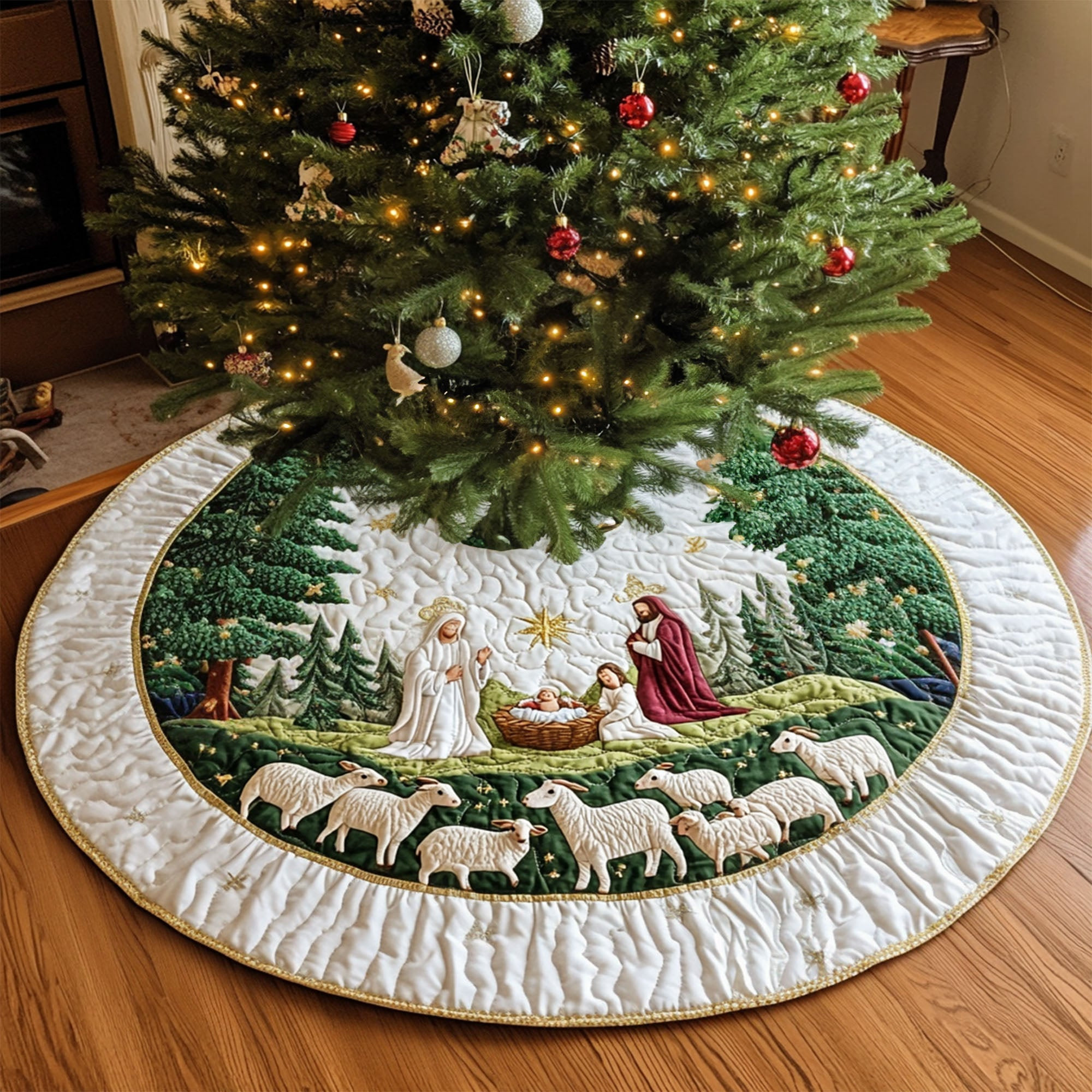 Blessed Manger Quilted Christmas Tree Skirt Xmas Holiday Gift For Christians