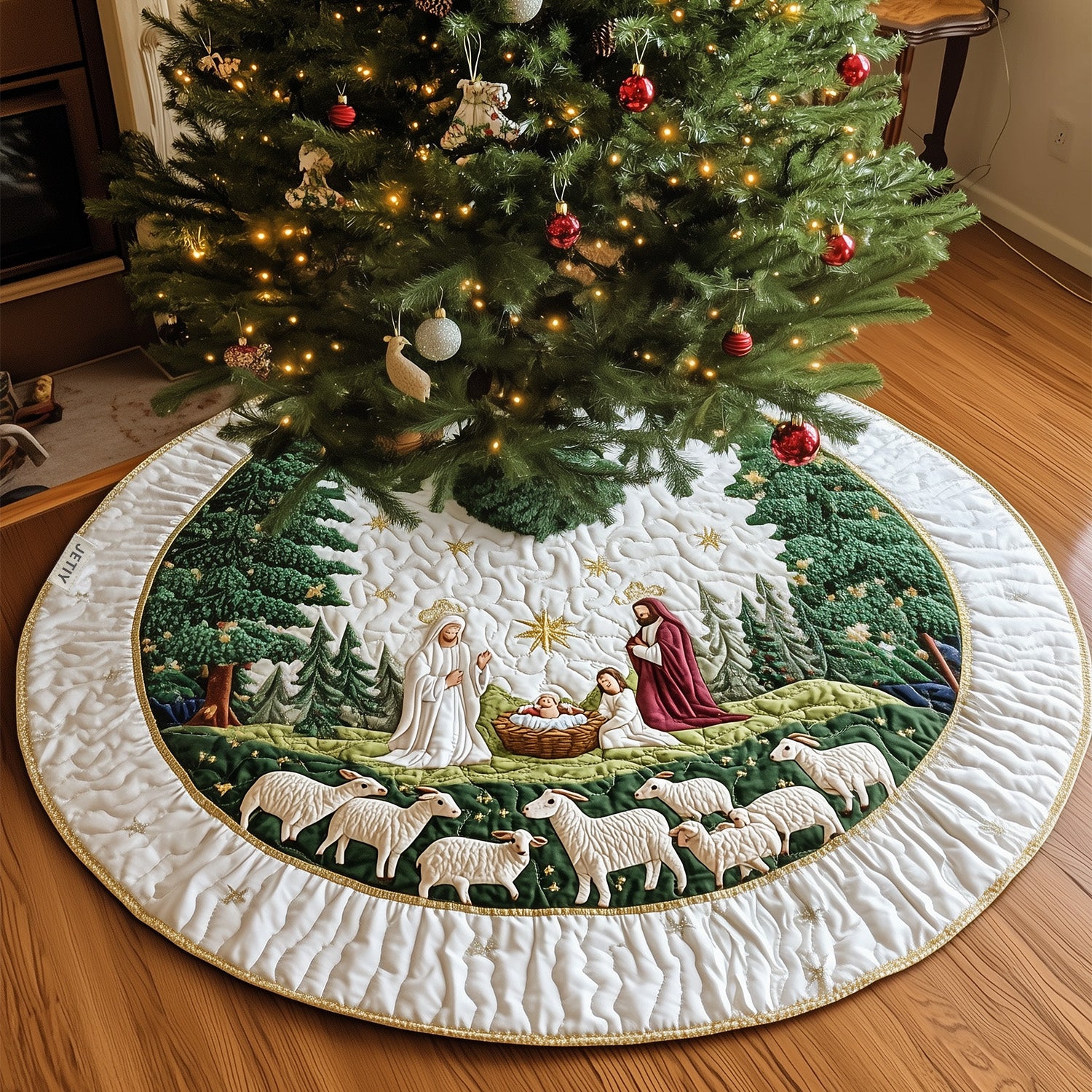 Blessed Manger Quilted Christmas Tree Skirt Xmas Under Tree Decoration Seasonal Tree Area Decoration
