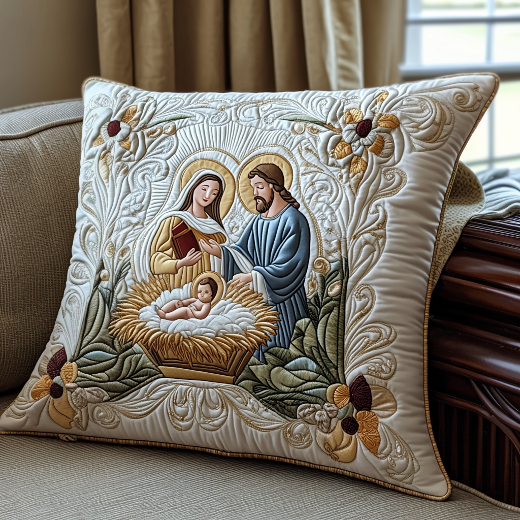 Blessed Manger Quilted Pillow Case Winter Throw Pillow for Home