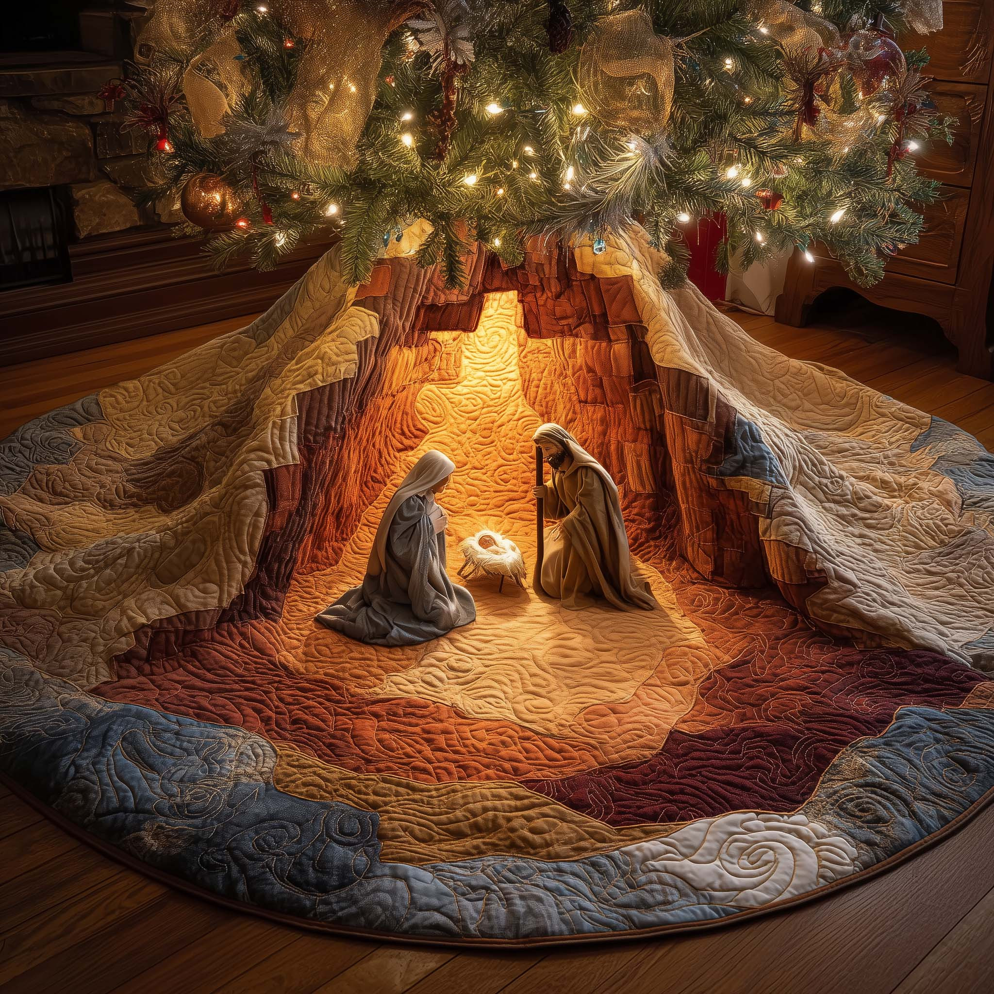 Blessed Manger Quilted Tree Skirt Holiday Home Decor Christmas Gifts For Christians