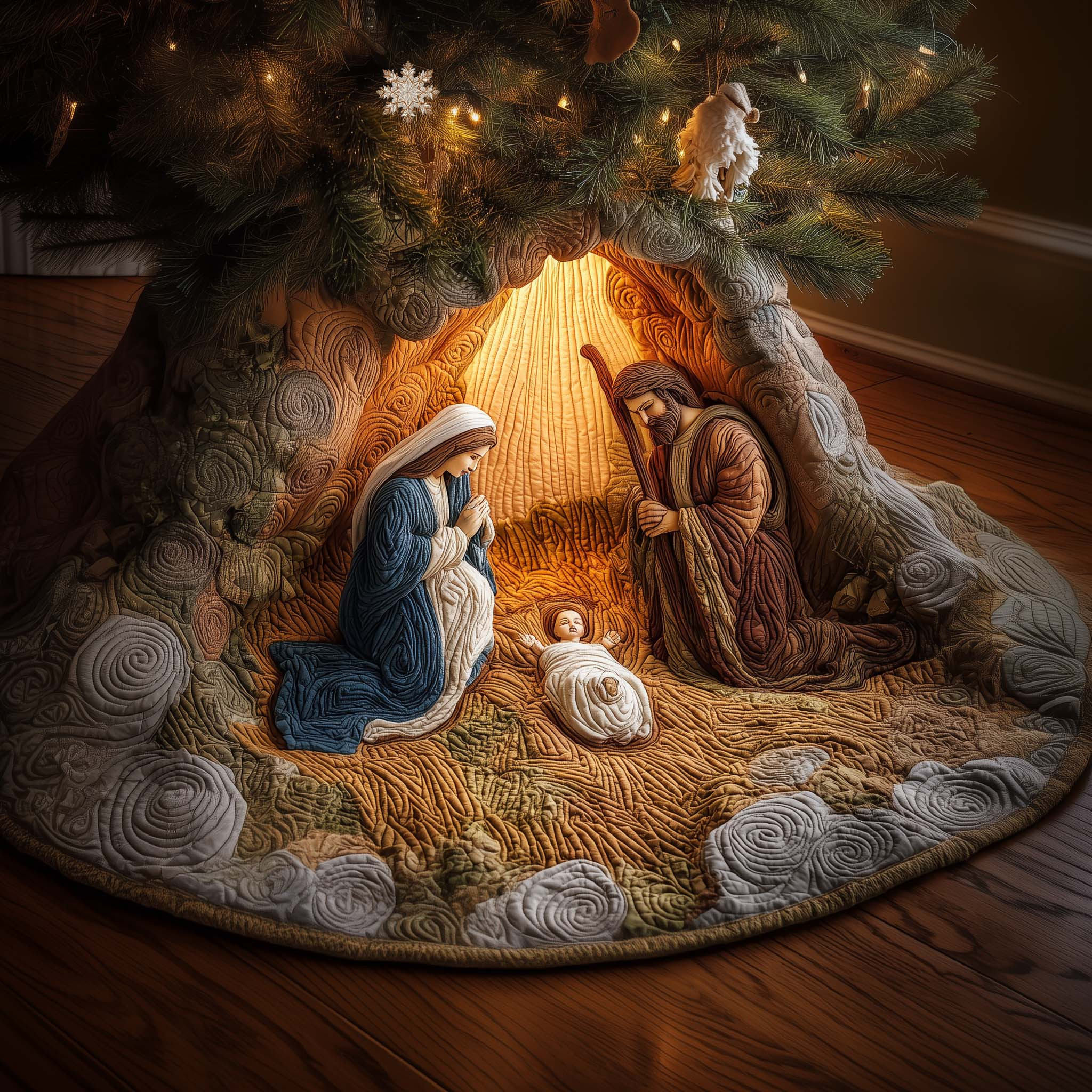 Blessed Manger Quilted Tree Skirt Winter Home Decor Christian Christmas Gifts