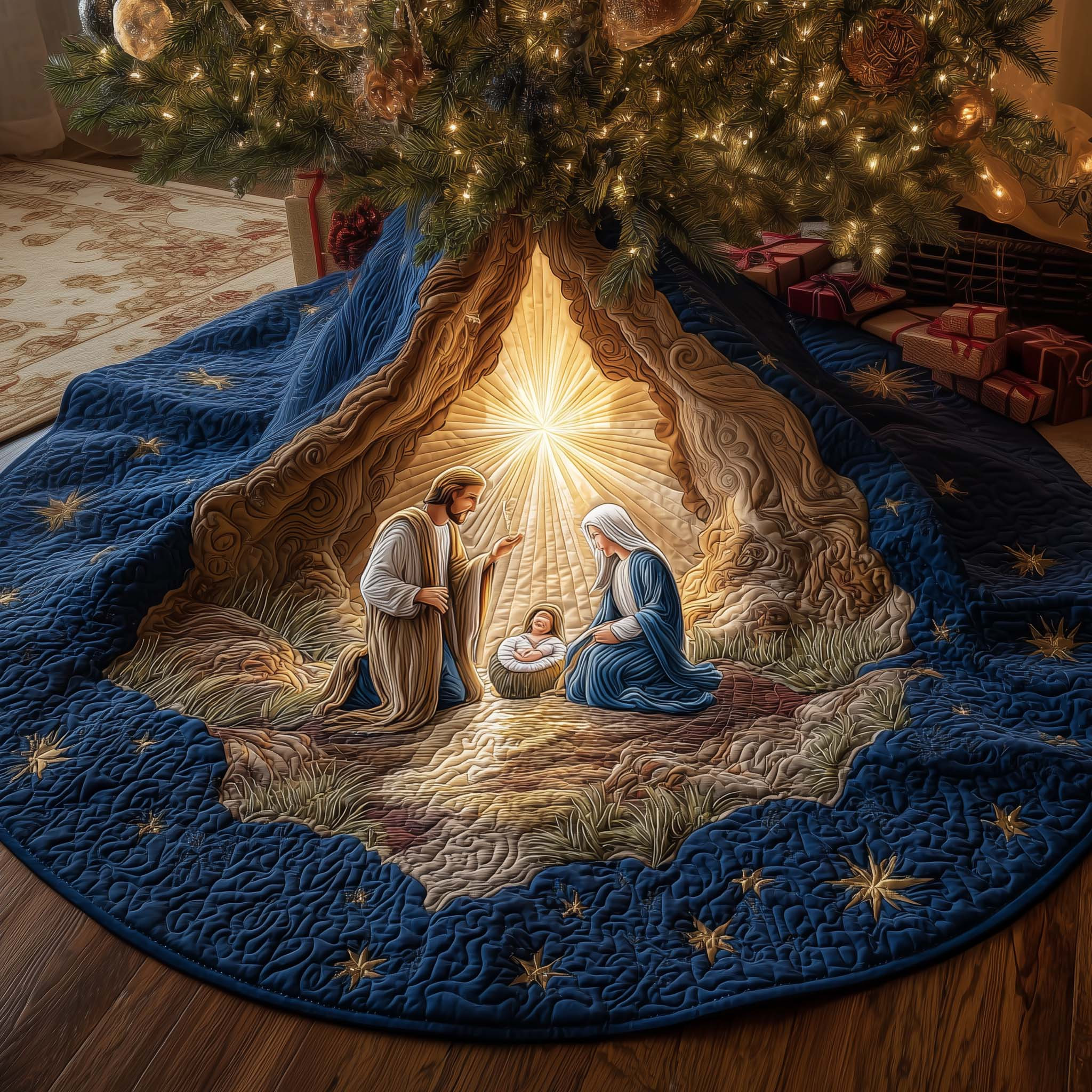 Blessed Manger Quilted Tree Skirt Winter Home Decor Christmas Gifts For Jesus Lovers
