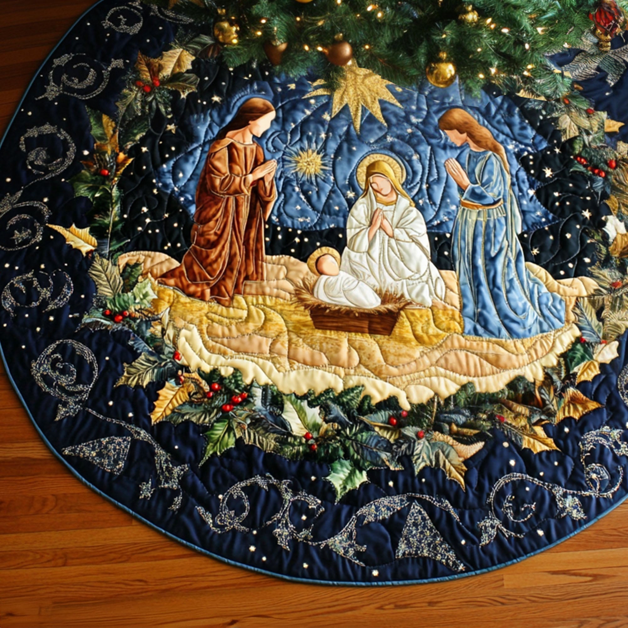 Blessed Night Quilted Christmas Tree Skirt Merry And Bright Holiday Decor Classic Christmas Home Decor