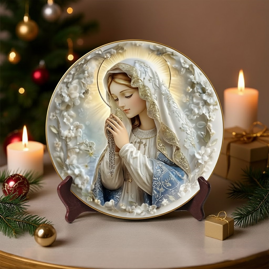 Blessed Virgin Mary Rosary Christmas Ceramic Plate Unique Xmas Gifts For Christian Family