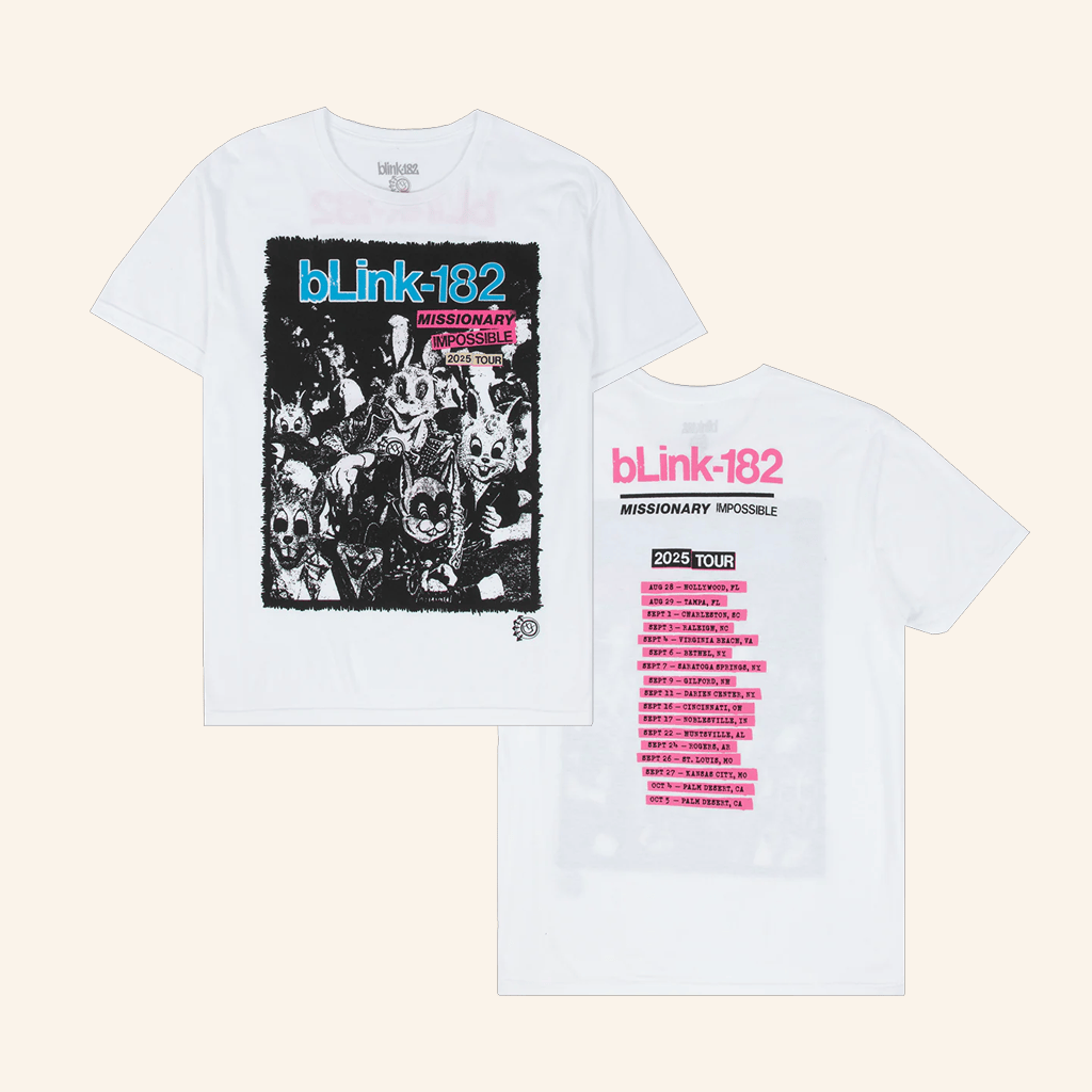 Blink 182 Merch Missionary Impossible Tour White T-Shirt Best Gifts For Music Lovers Blink 182 Merch Missionary Impossible Tour White T-Shirt Best Gifts For Music Lovers