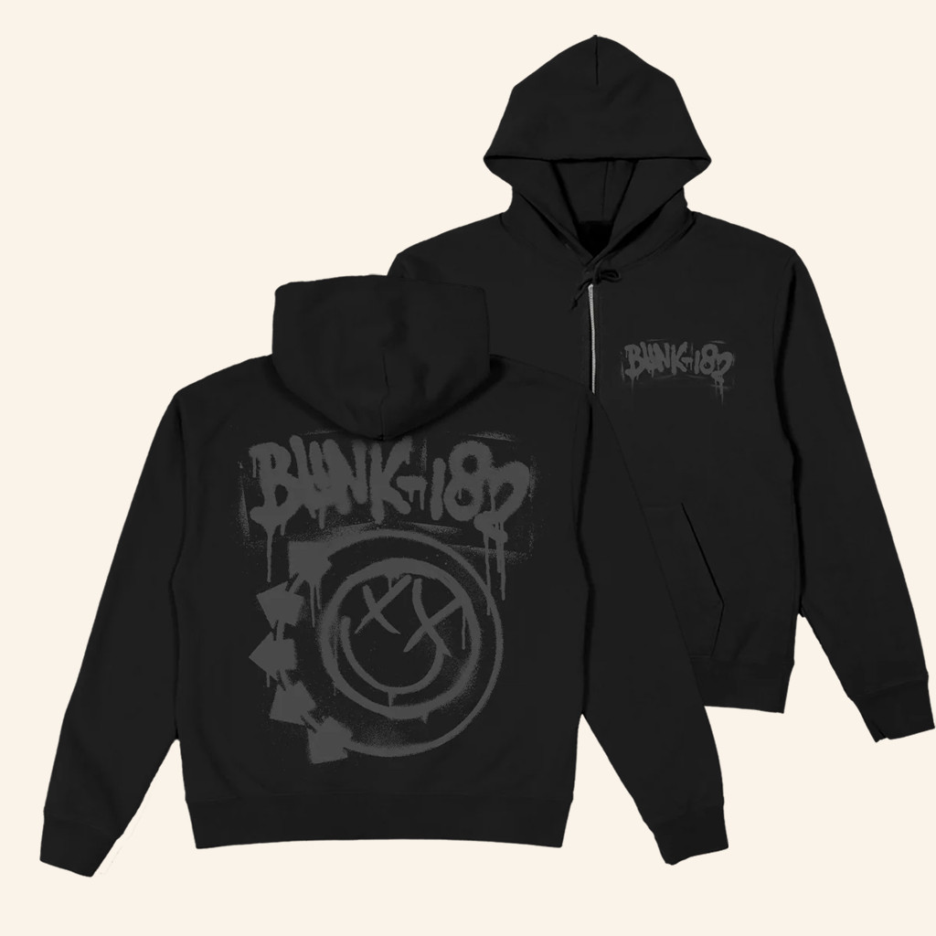 Blink 182 Merch Spray Paint Smiley Black Zip Hoodie Gifts For Rock Music Lovers