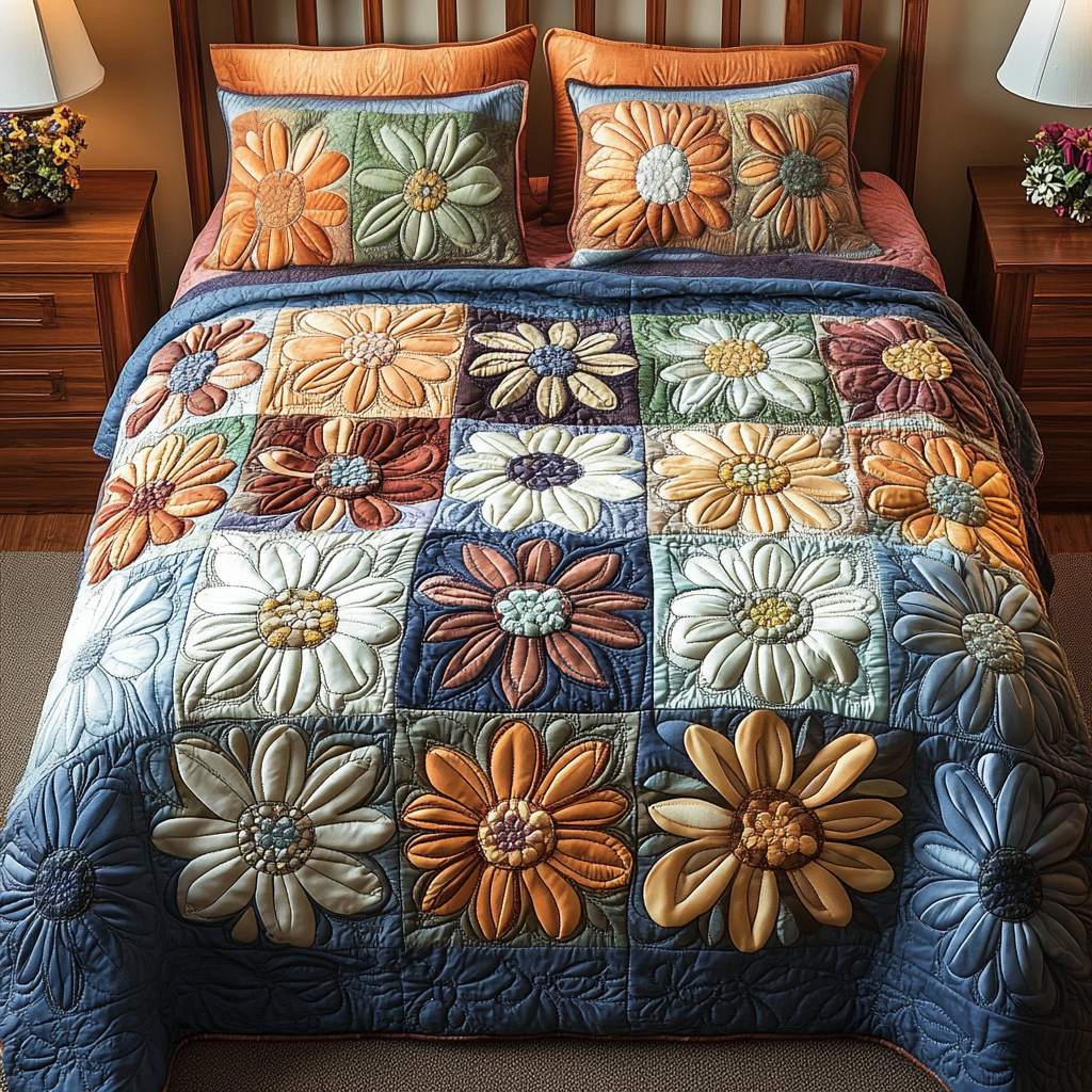 Block Bloom Quilted Bedding Set Best Bedspread Set Flower Daisy Inspired Gifts