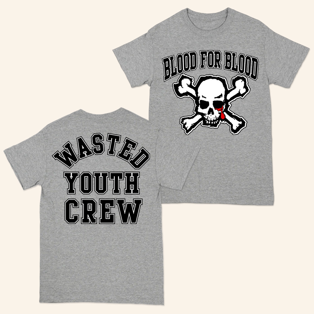 Blood For Blood Merch Varsity Skull T-Shirt Wasted Youth Crew Shirt Gifts For Music Fans
