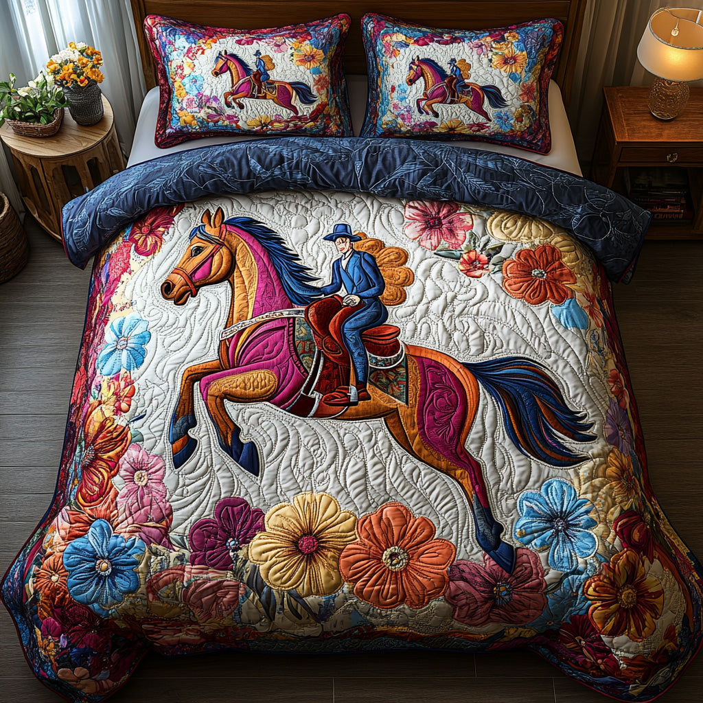 Bloom And Ride Quilted Bedding Set Aesthetic Room Decor Gifts For Teenage Horse Lovers
