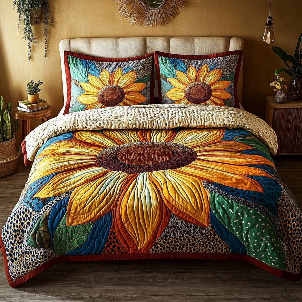 Bloom Bright Quilted Bedding Set Cute Bedroom Decor Sunflower Gifts For Friends