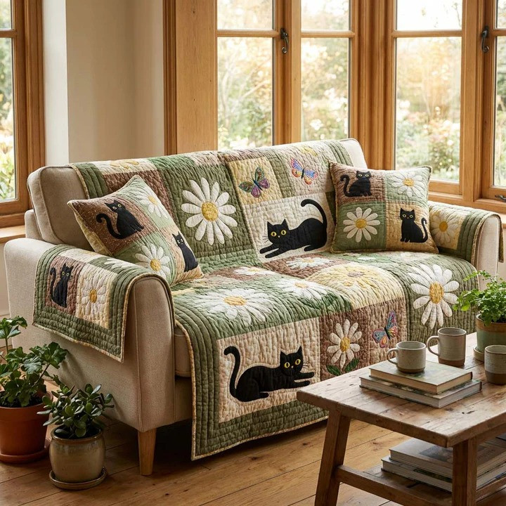 Bloom Cat Harmony Quilted Sofa Cover Cat Lover Home Decor Gift For Cozy Living Room