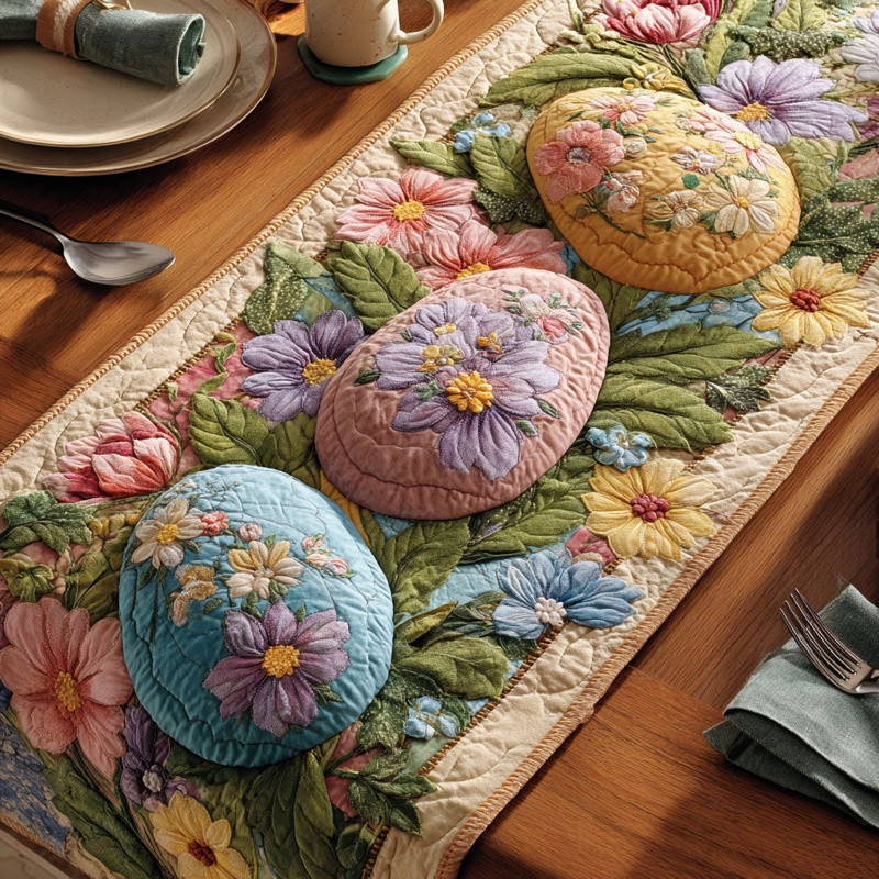 Bloom Eggs Quilted Table Runner Easter Spring Table Decor Gift For Easter Lovers