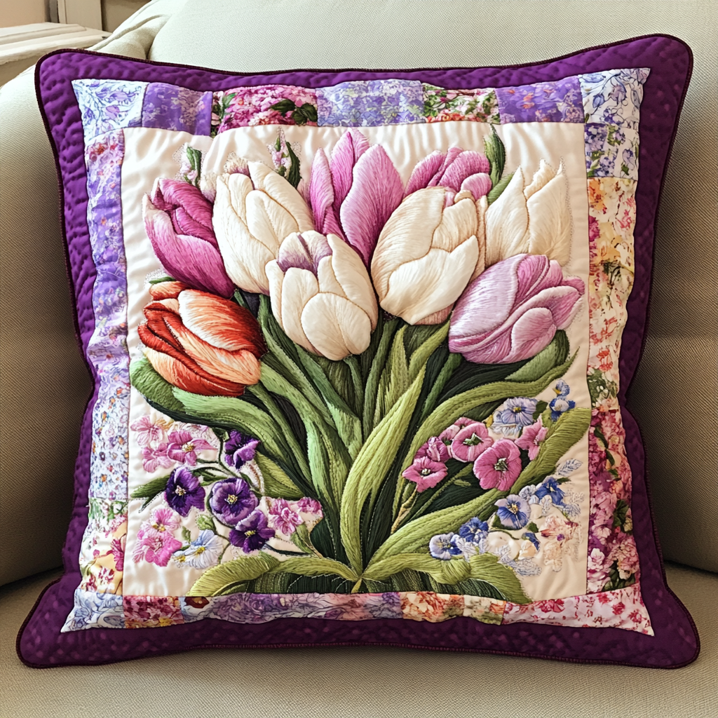 Bloom Haven Quilted Pillow Case Best Throw Pillow Covers Unique Gifts For Tulip Lovers
