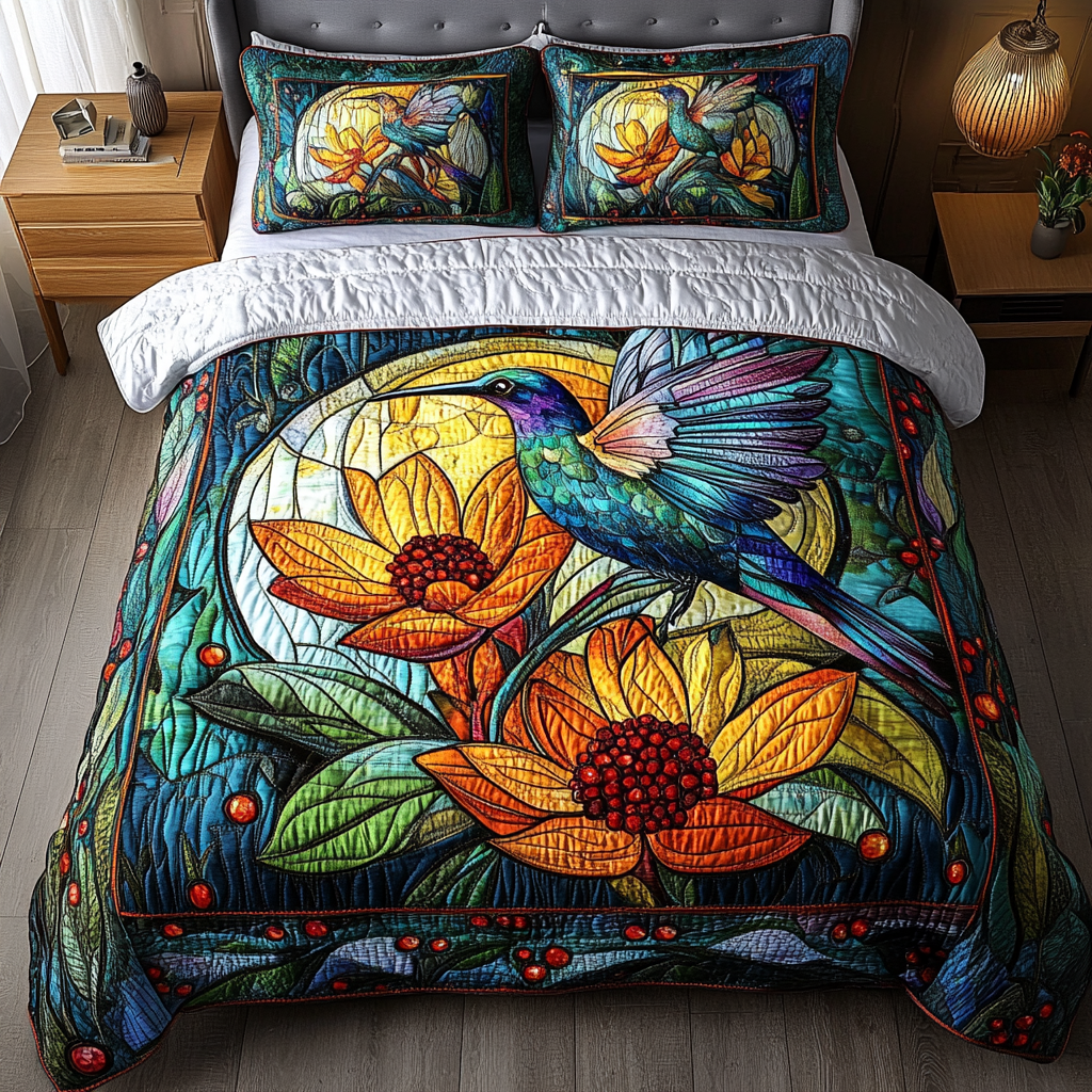 Bloom Seeker Quilted Bedding Set Bed Decor Unique Gifts For Hummingbird Lovers