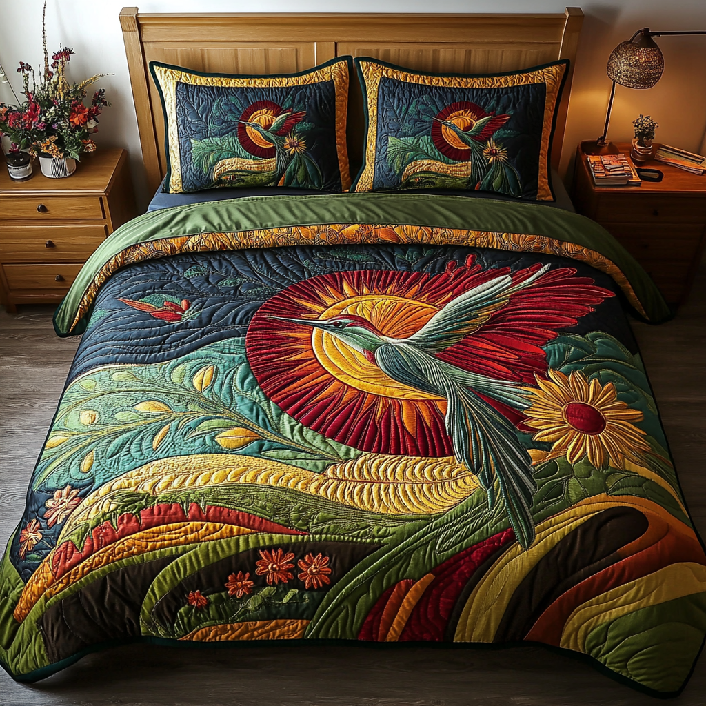 Bloom Seeker Quilted Bedding Set Holiday Duvet Covers Hummingbird Gifts For Sisters