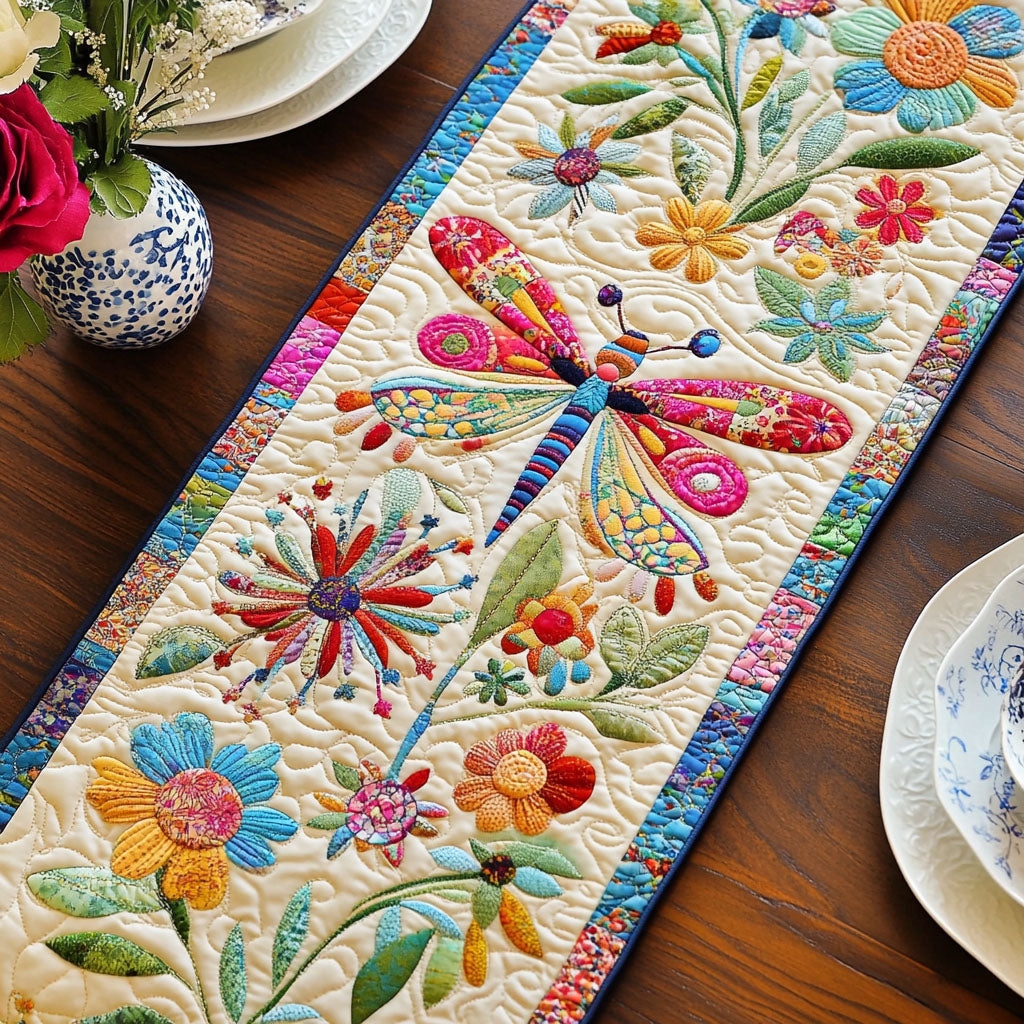 Bloom Trail Quilted Table Runner Dining Room Table Runner Decor Presents For Dragonfly Lovers Women