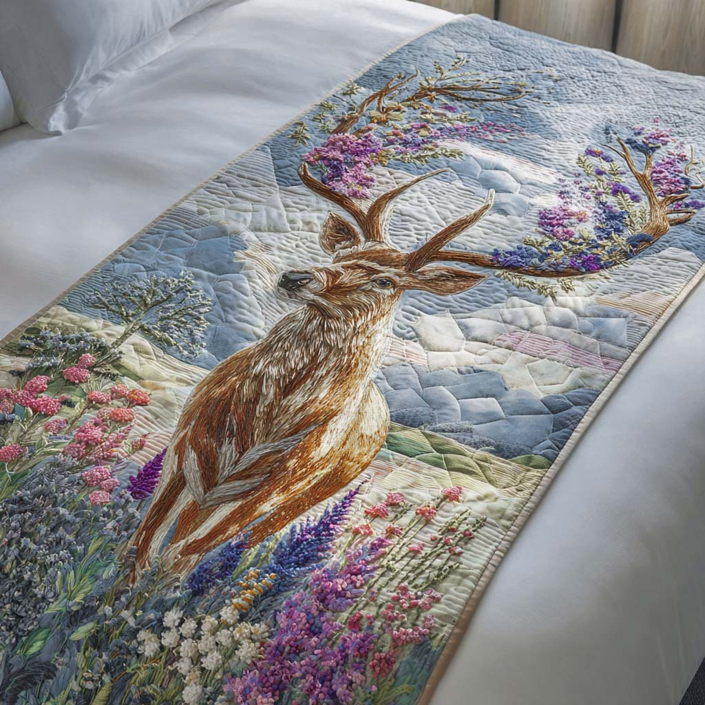 Blooming Antlers Quilted Bed Runner Cozy Bedroom Decor Gifts For Deer Lovers