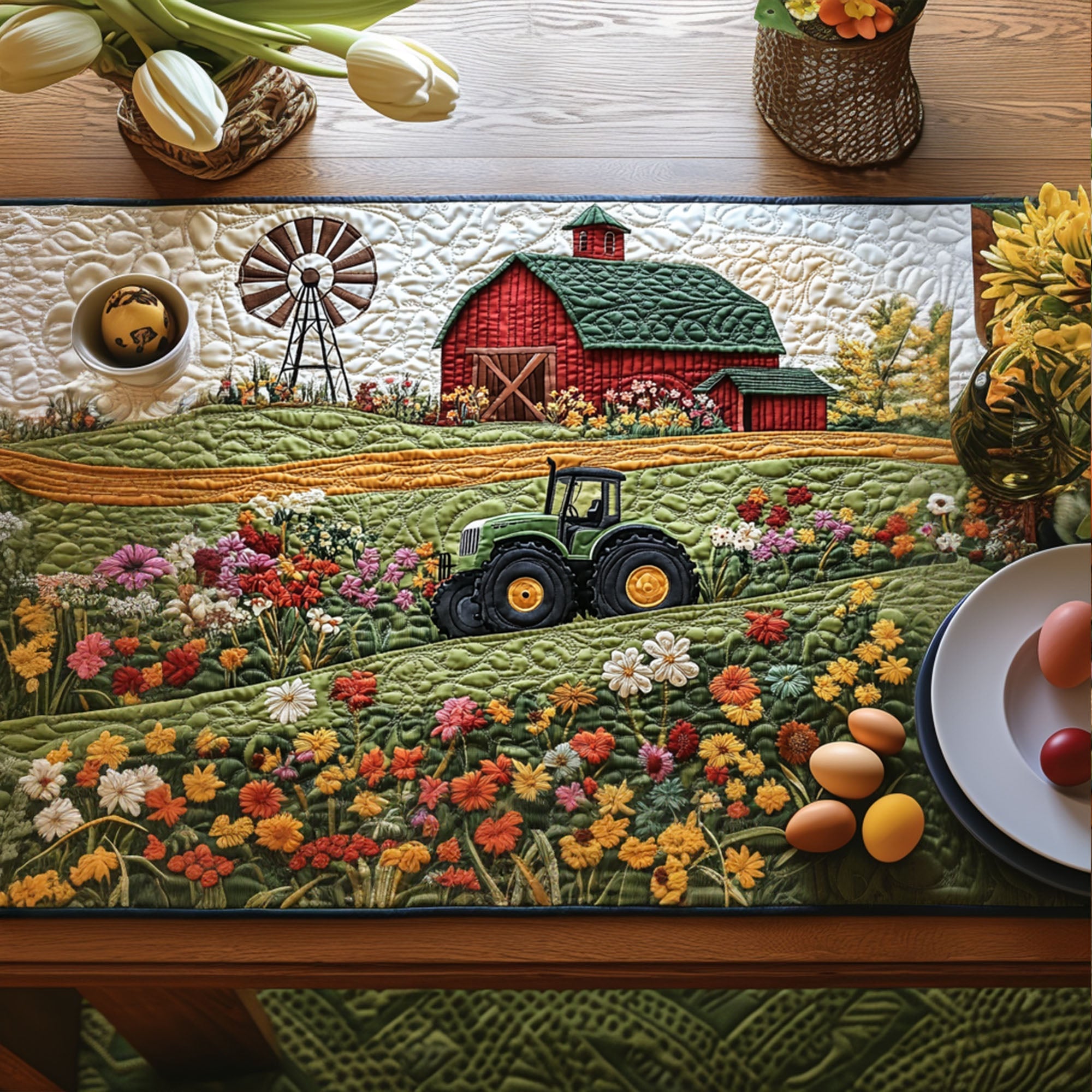 Blooming Barnyard Quilted Table Runner Farmhouse Table Runner Gift Ideas For Farmers