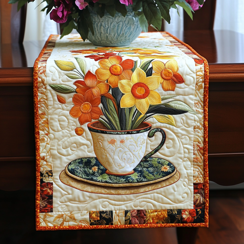 Blooming Beauty Quilted Table Runner Flower Table Cover Kitchen Table Decor